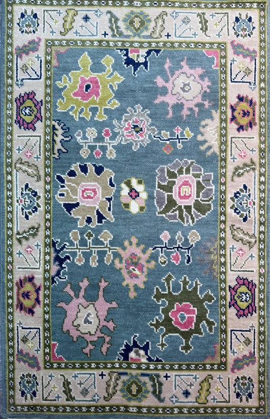 4x6.3 ft Hand-Knotted Wool Oushak Rug: Modern Bohemian Carpet