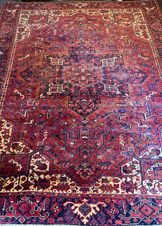 9x12 ft. Heriz Geometric Rug, 1930s Vintage Hand Knotted Wool Carpet, Large Oriental Area Rug