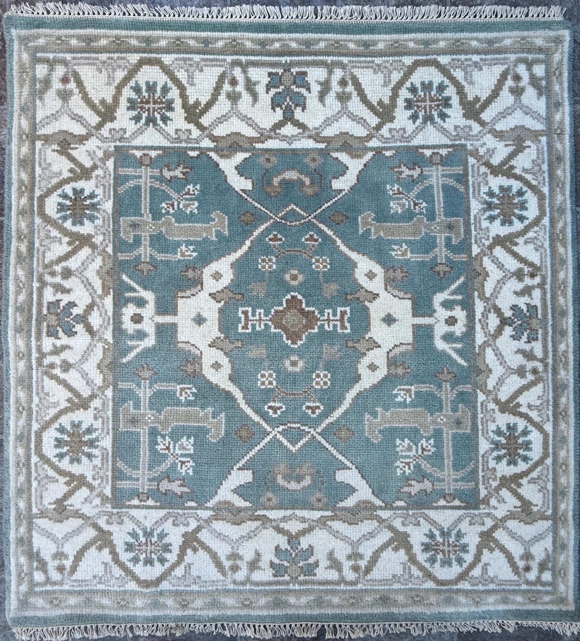 4x4 ft Hand-Knotted Square Oushak Wool Rug: Boho Anatolian Carpet
