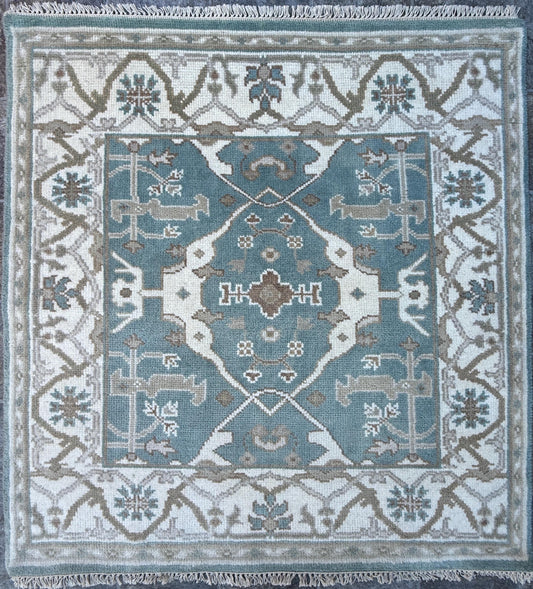 4x4 ft Hand-Knotted Square Oushak Wool Rug: Boho Anatolian Carpet