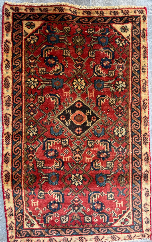 2x3 ft Vintage Village Rug: Hand Knotted Wool Geometric Carpet