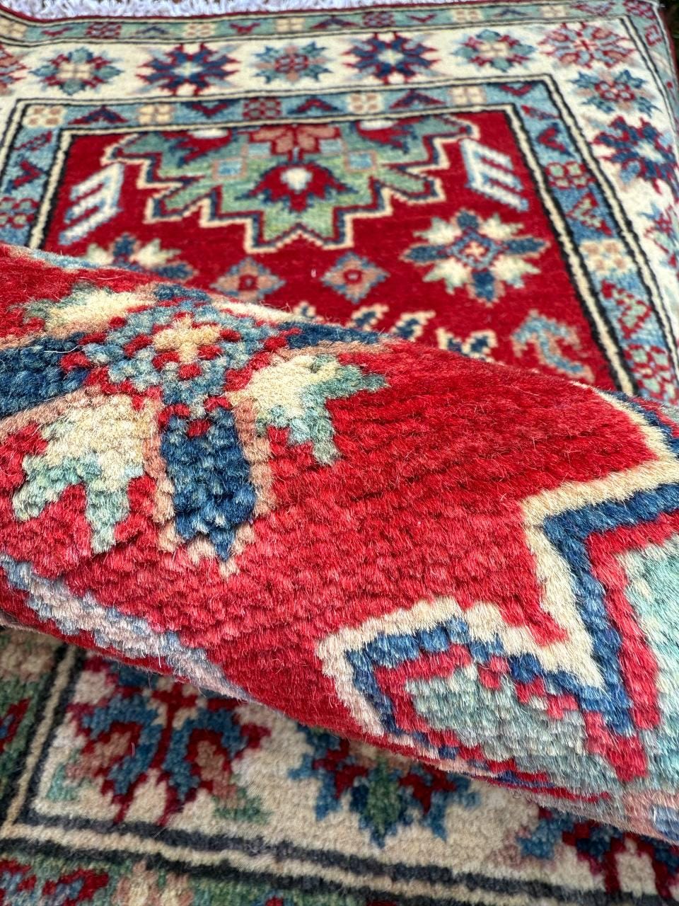 2.3x3.2 ft Hand Knotted Turkish Oushak Rug: Geometric Kazak Wool Rug