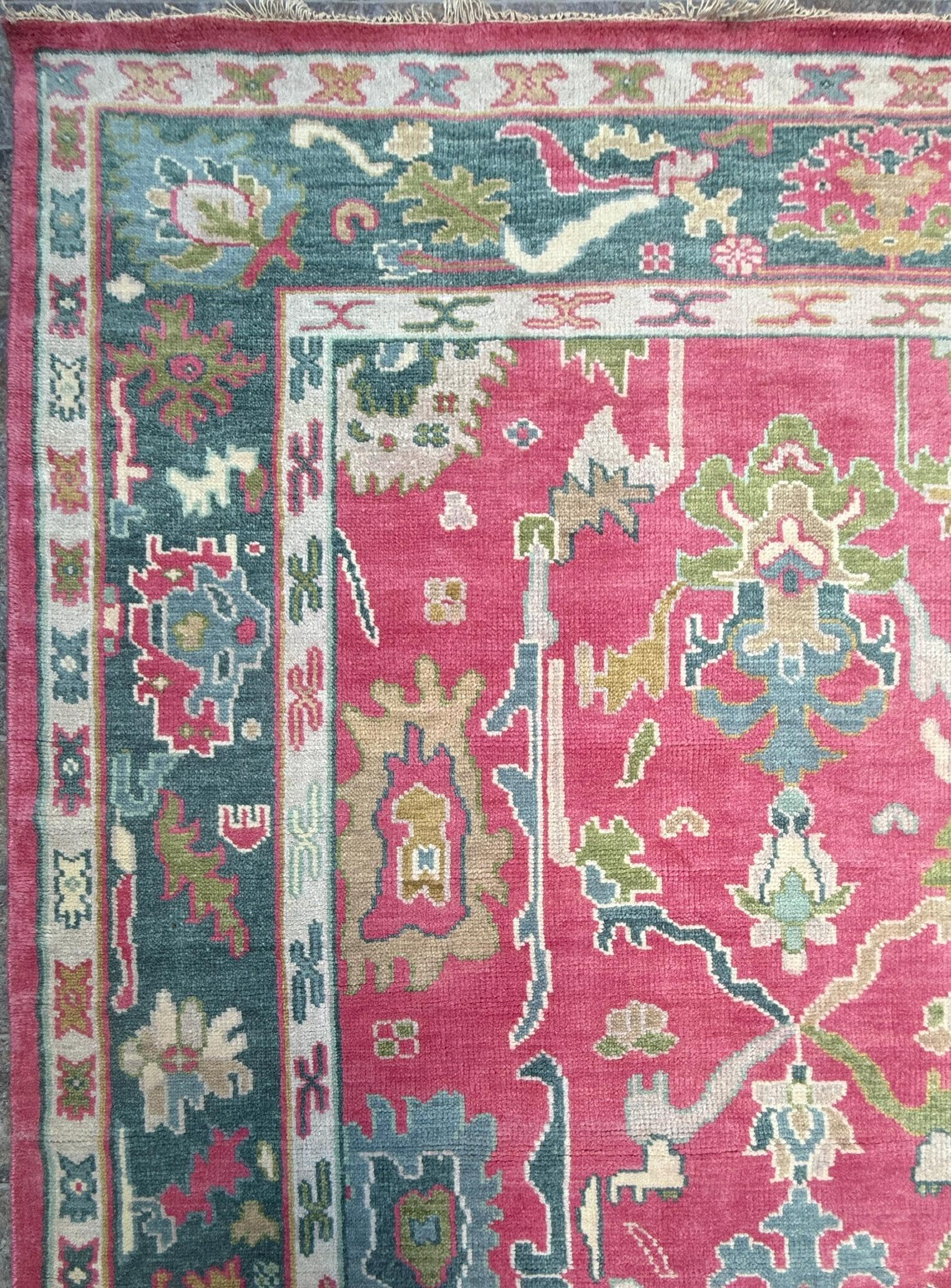 8x10 ft Pink Oushak Rug: Hand-Knotted Wool Turkish Boho Carpet