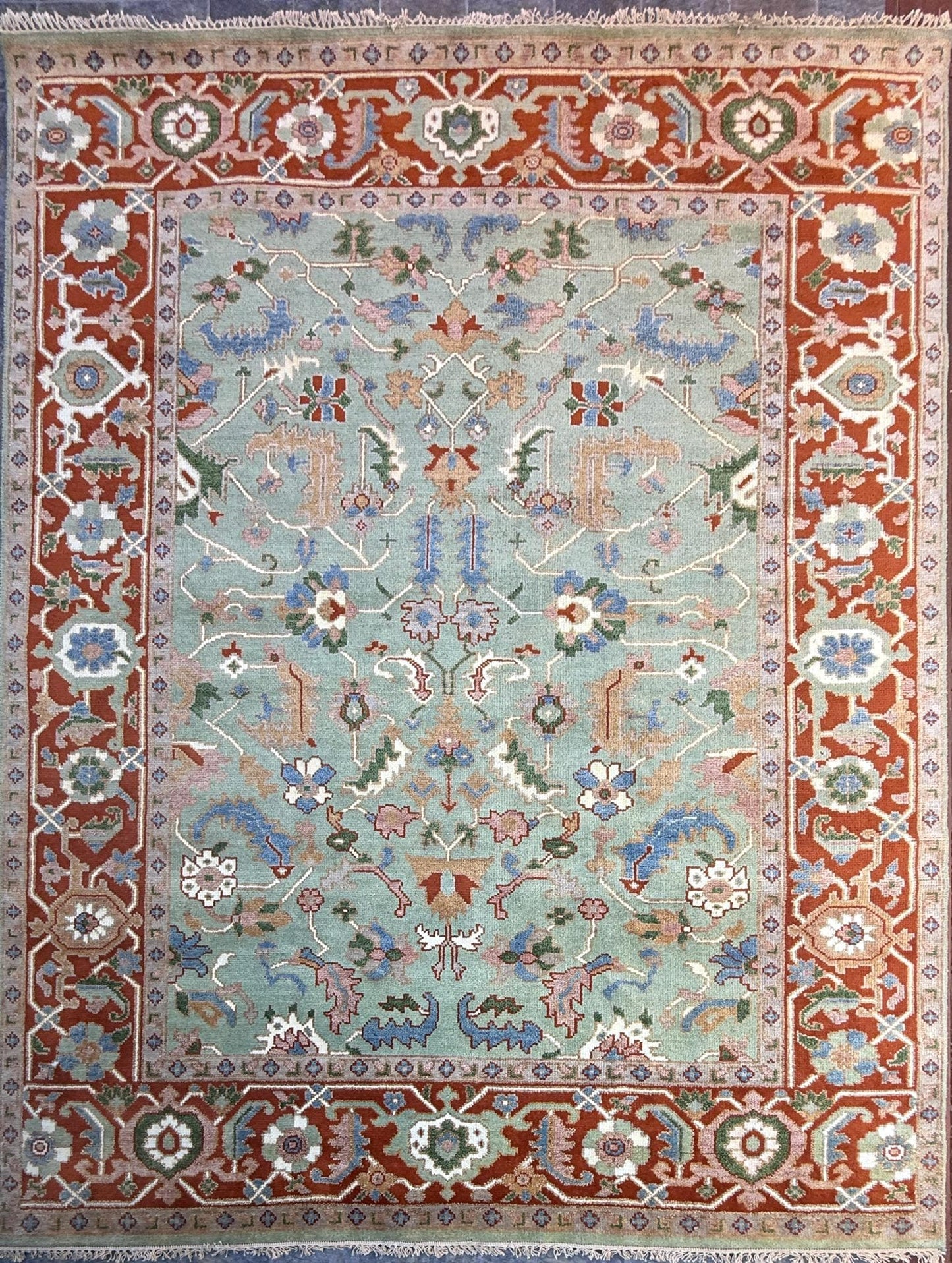 8x10 ft Hand-Knotted Heriz Wool Rug: Modern Geometric Carpet