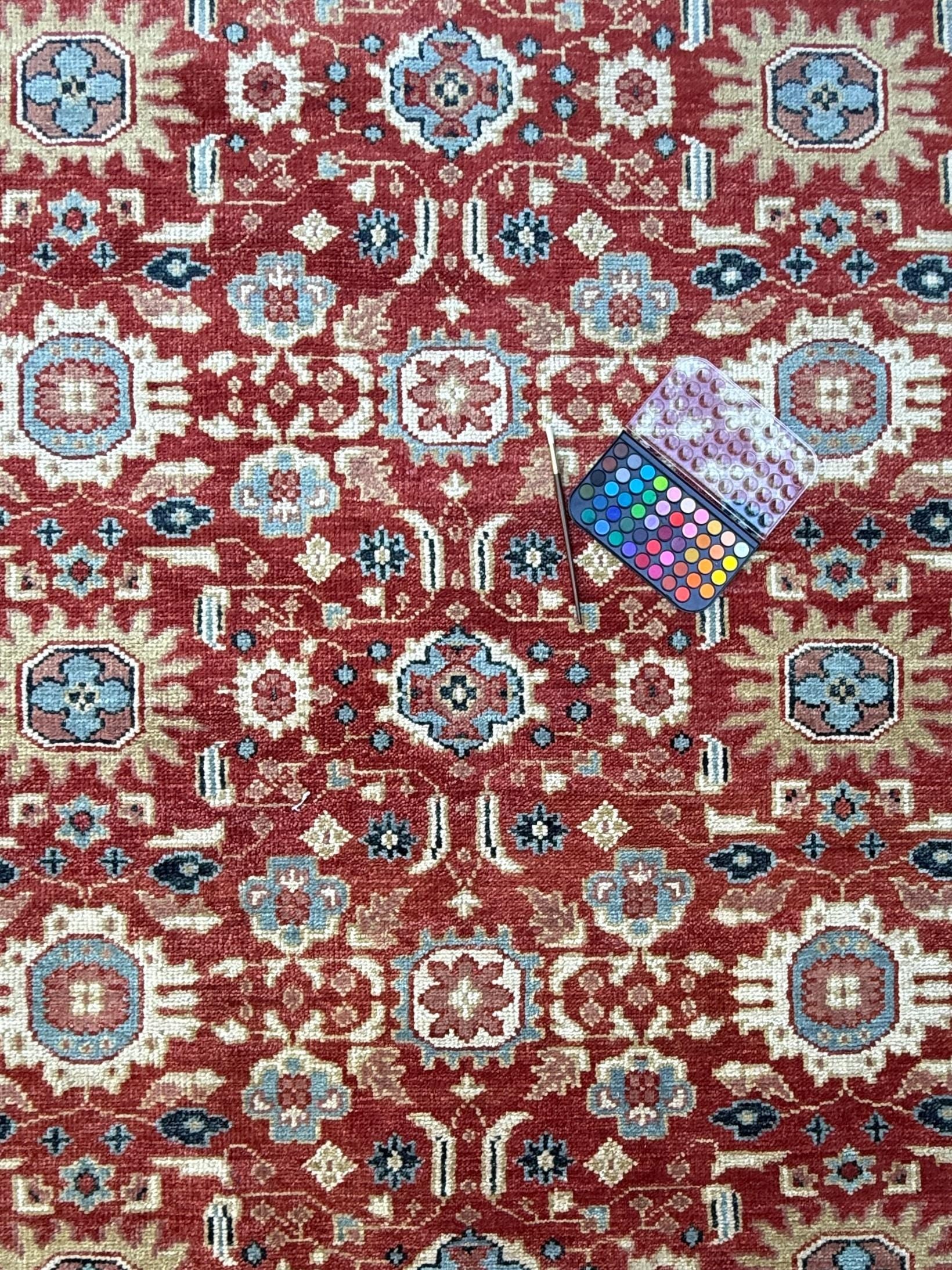 9x12 ft. Turkish Heriz Rug: Hand-Knotted Wool, Red & Blue Oushak Style