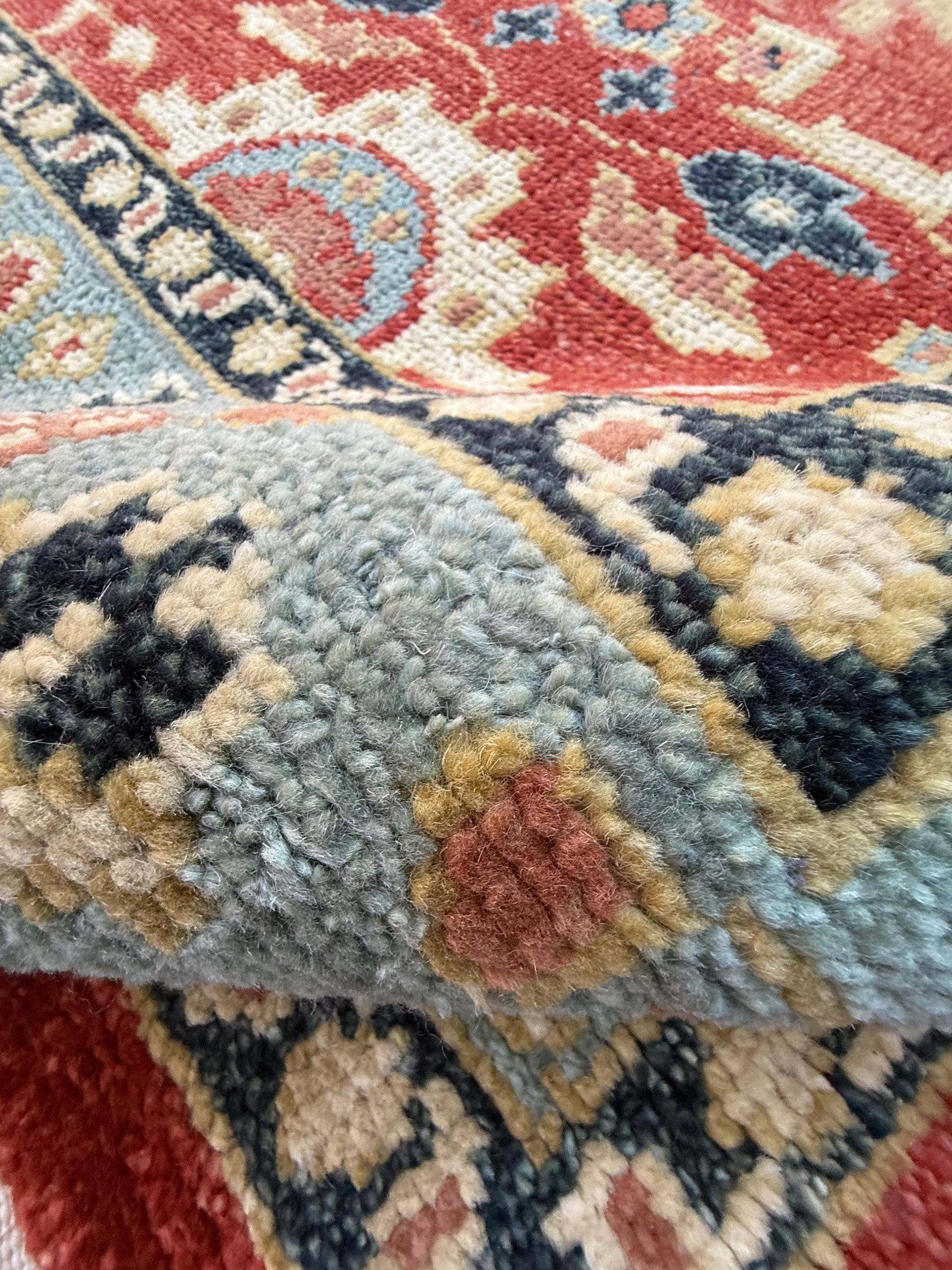 9x12 ft. Turkish Heriz Rug: Hand-Knotted Wool, Red & Blue Oushak Style