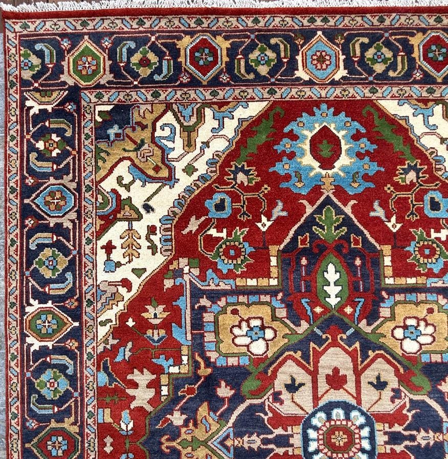 9x12 ft Heriz Rug: Hand-Knotted Wool Carpet, Contemporary Oriental Style
