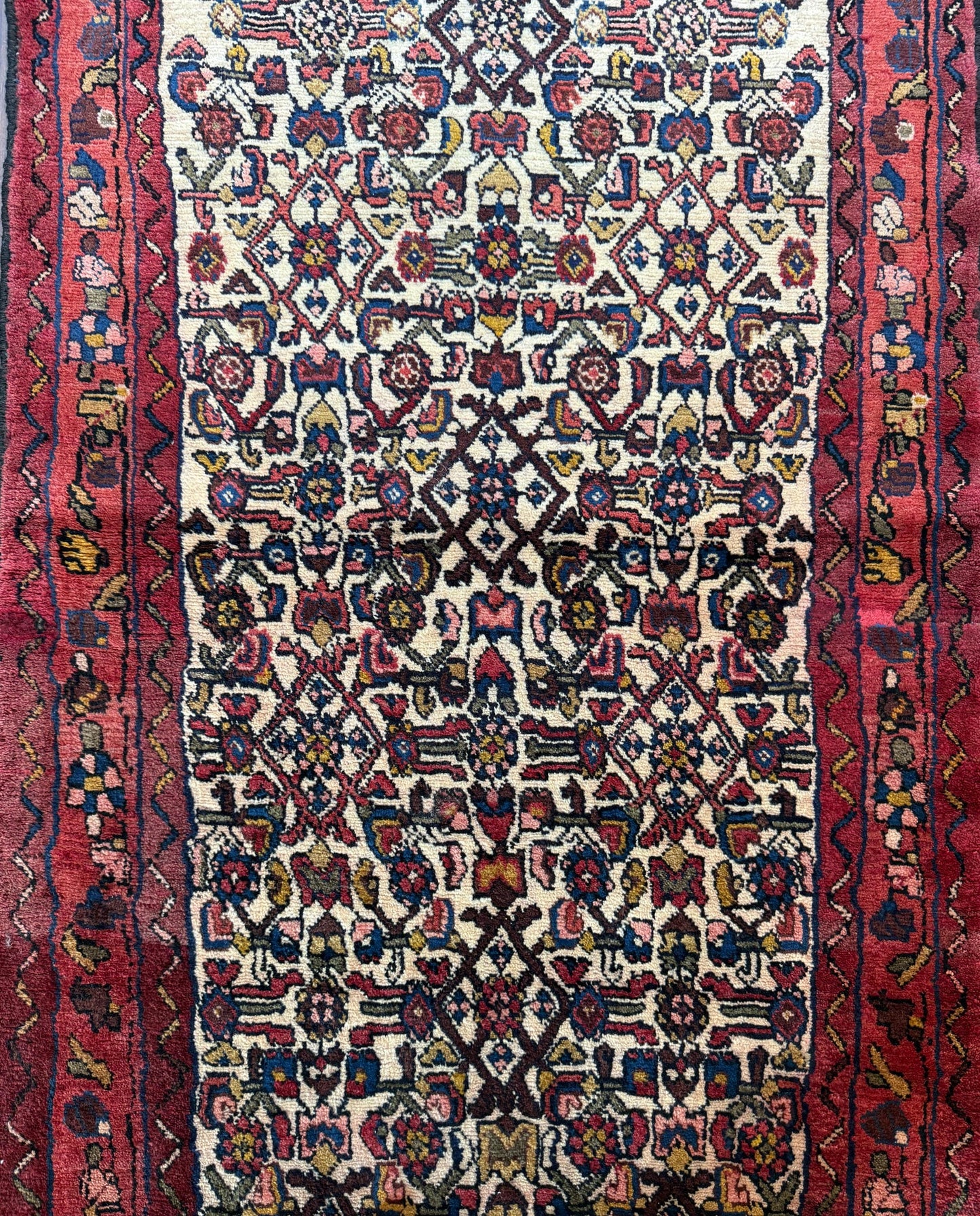 3x9 ft 1950s Vintage Anatolian Wool Runner Rug: Hand Knotted Wool Geometric Tribal Carpet, Village Hallway Rug