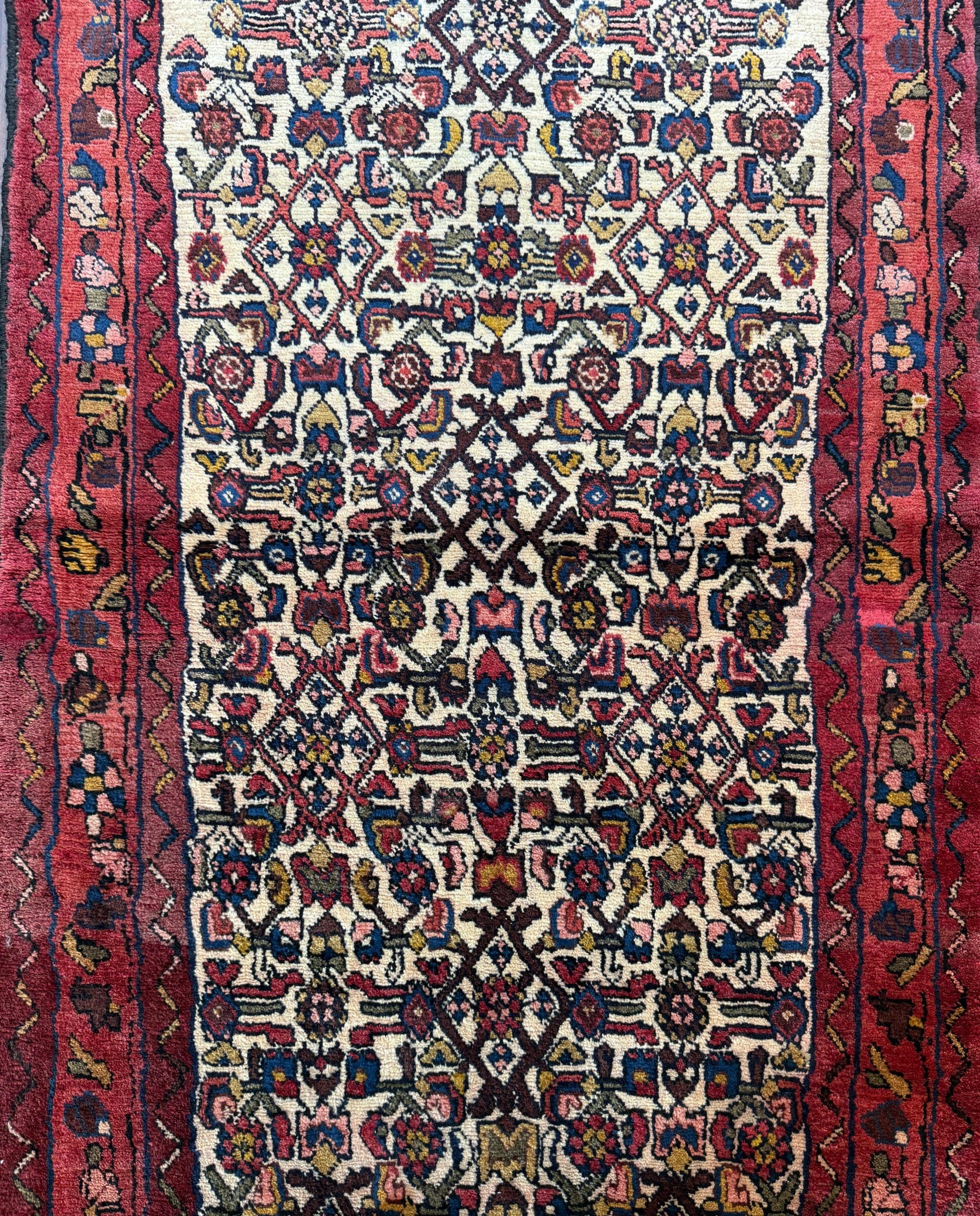 3x9 ft 1950s Vintage Anatolian Wool Runner Rug: Hand Knotted Wool Geometric Tribal Carpet, Village Hallway Rug