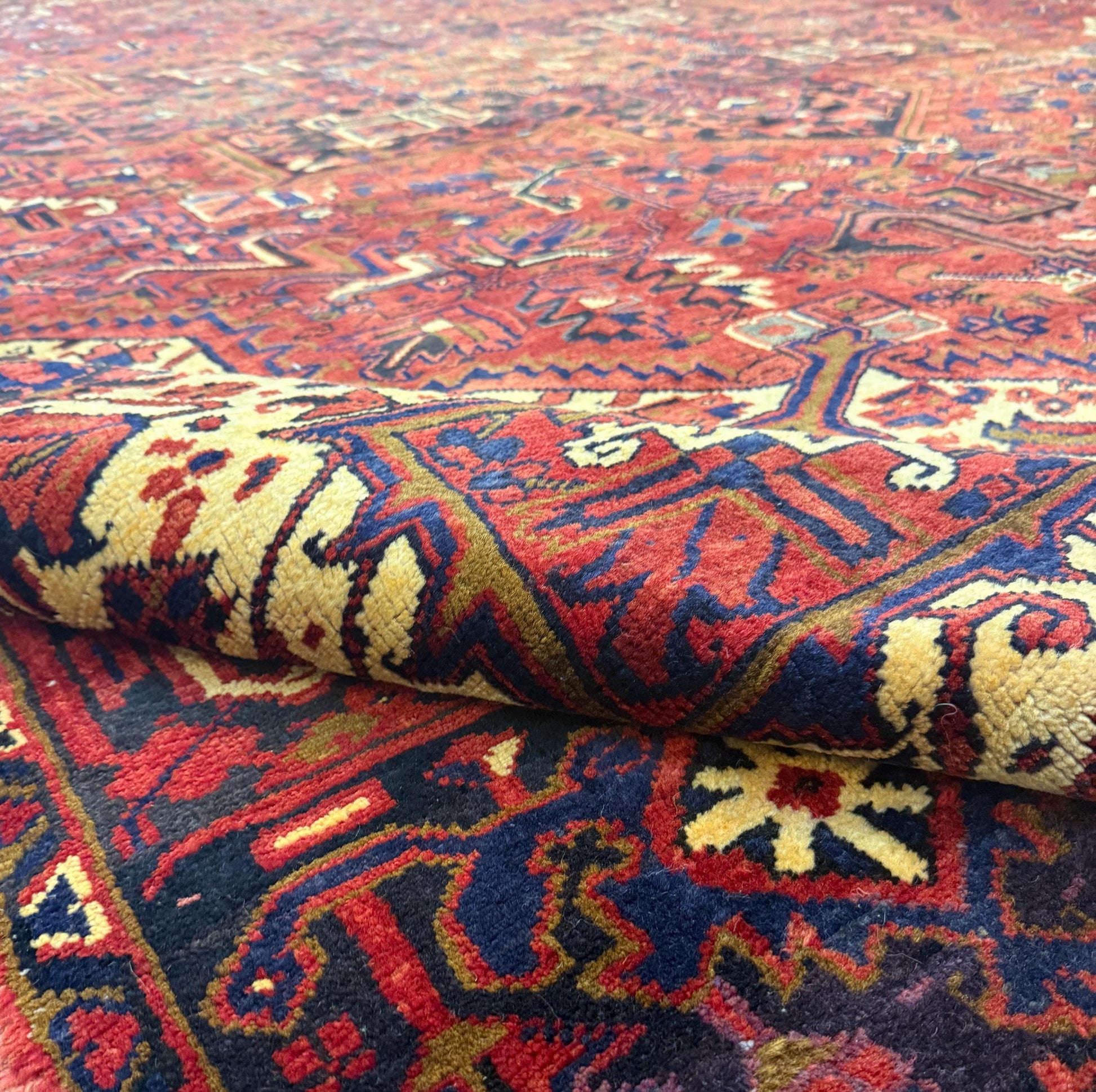 9x12 ft. Heriz Geometric Rug, 1930s Vintage Hand Knotted Wool Carpet, Large Oriental Area Rug