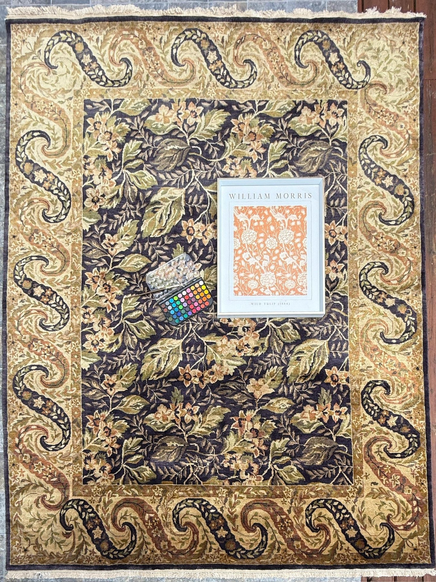 8x10 ft William Morris Hand-Knotted Wool Rug: Art Nouveau Mint Green Carpet