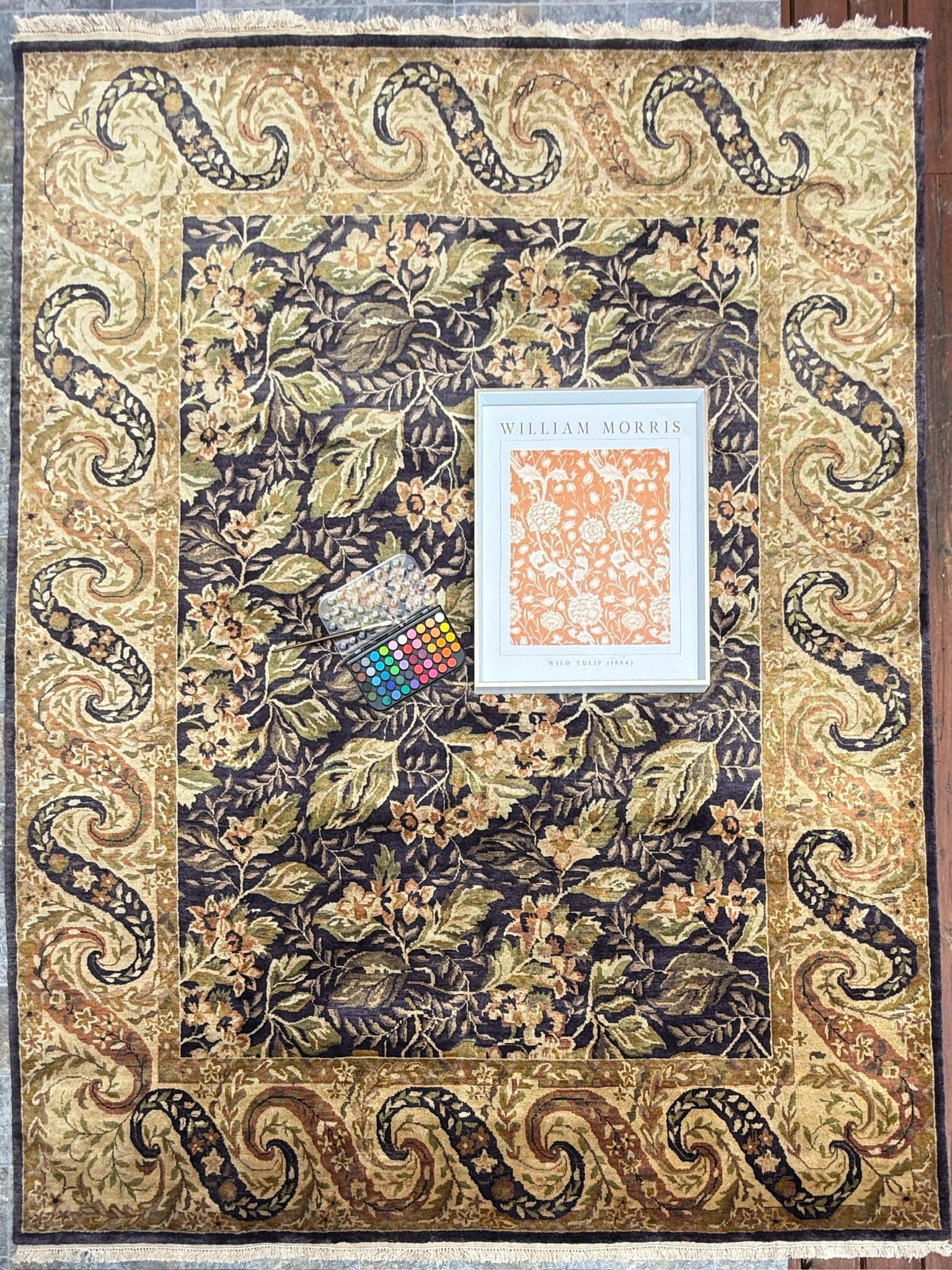 8x10 ft William Morris Hand-Knotted Wool Rug: Art Nouveau Mint Green Carpet