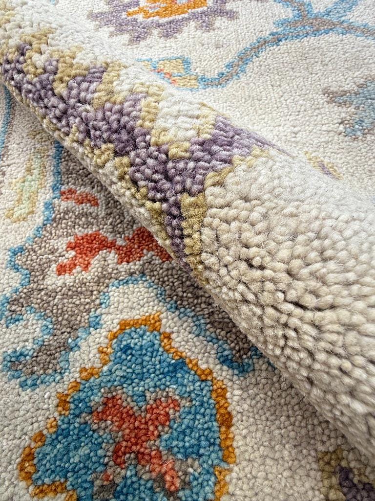6x9 ft Pastel Oushak Hand Knotted Rug: Beige Wool Bohemian Carpet