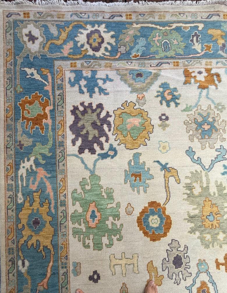 9x12 ft Handmade Oushak Rug: Modern Bohemian Wool Carpet