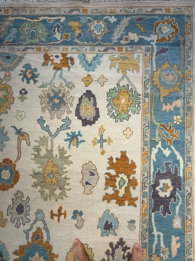 9x12 ft Handmade Oushak Rug: Modern Bohemian Wool Carpet