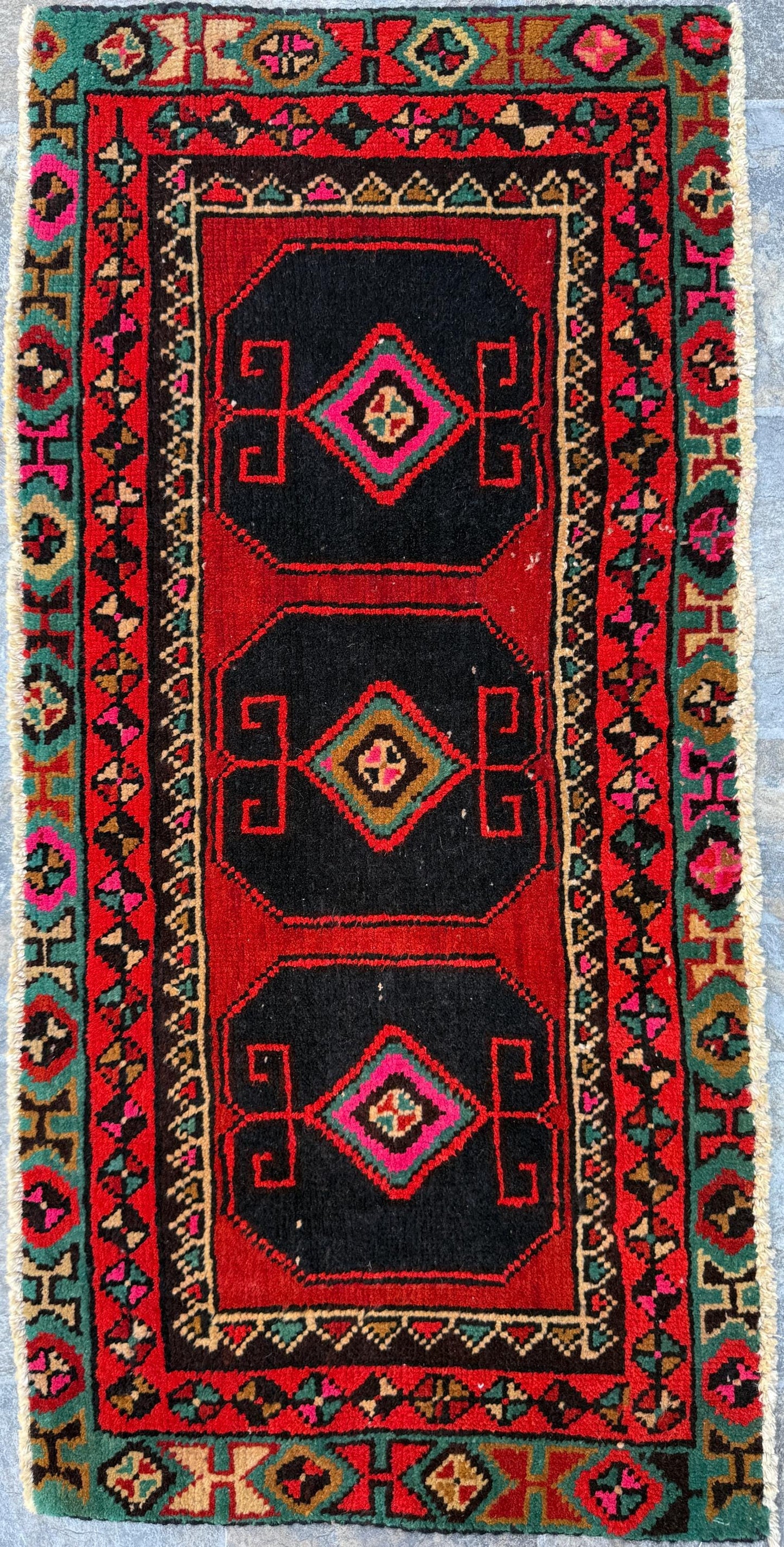 1x3 ft 1930s Village Rug: Hand Knotted Wool Geometric Accent