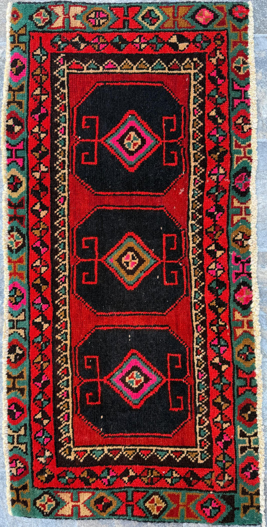1x3 ft 1930s Village Rug: Hand Knotted Wool Geometric Accent
