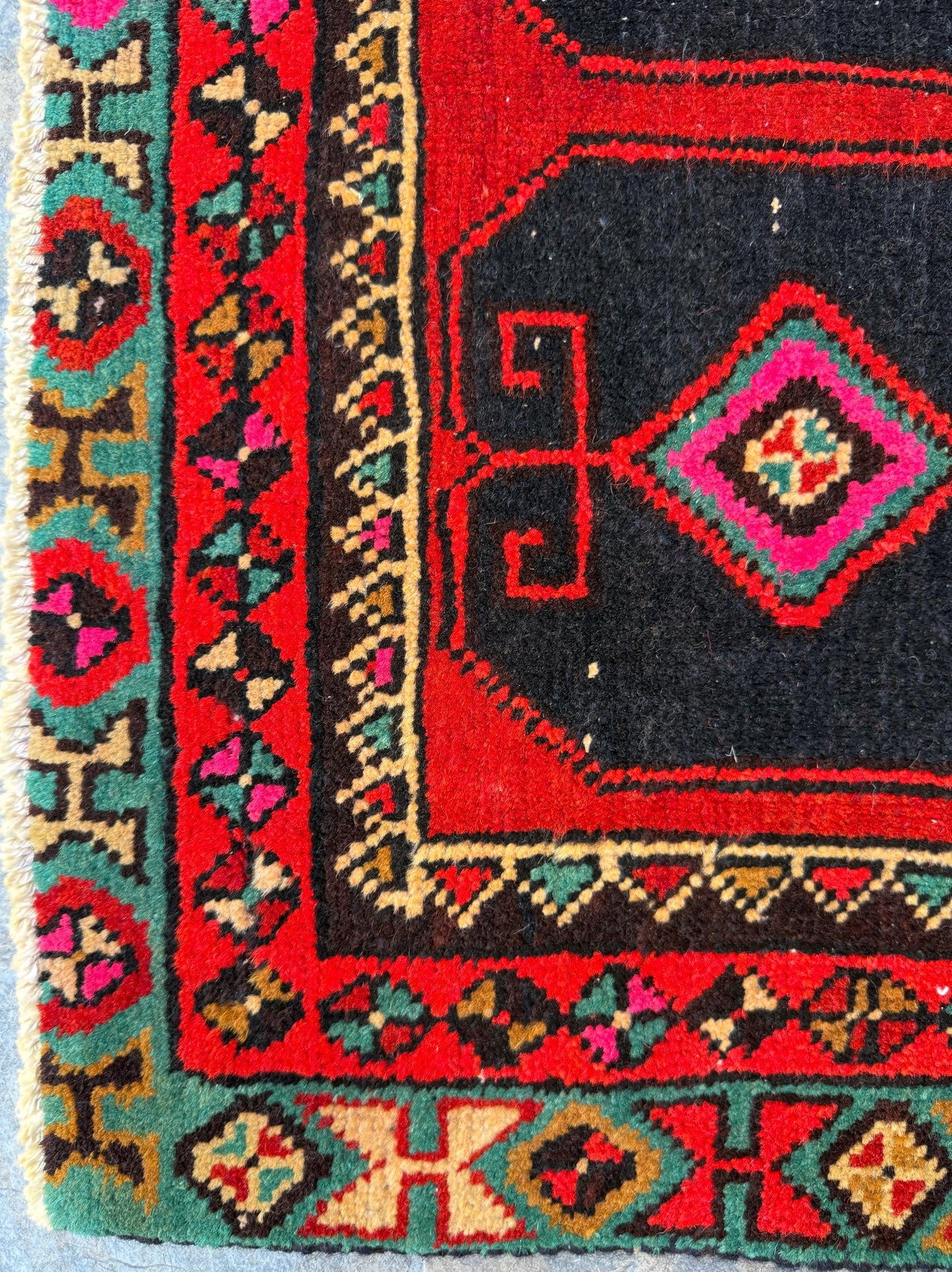 1x3 ft 1930s Village Rug: Hand Knotted Wool Geometric Accent