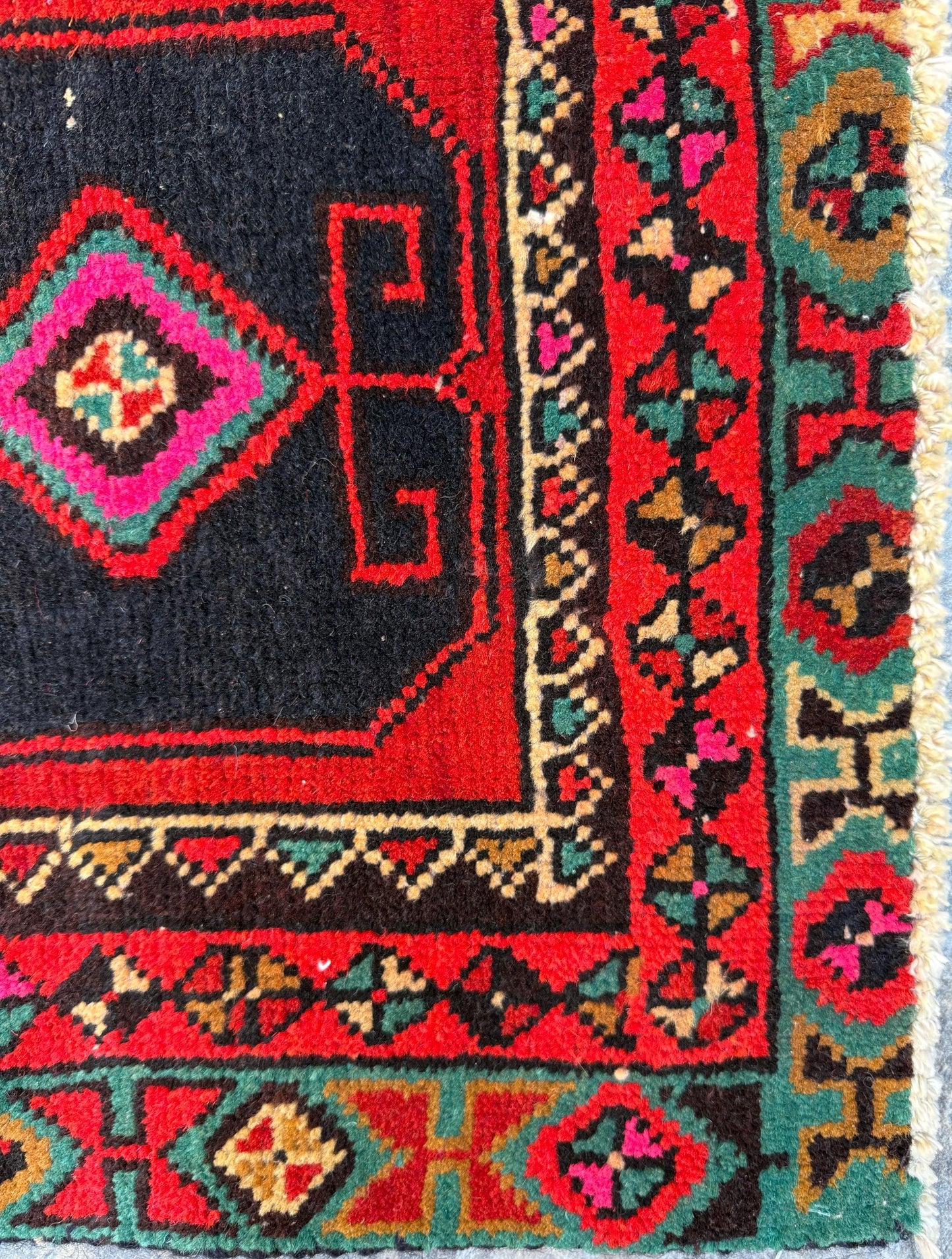 1x3 ft 1930s Village Rug: Hand Knotted Wool Geometric Accent