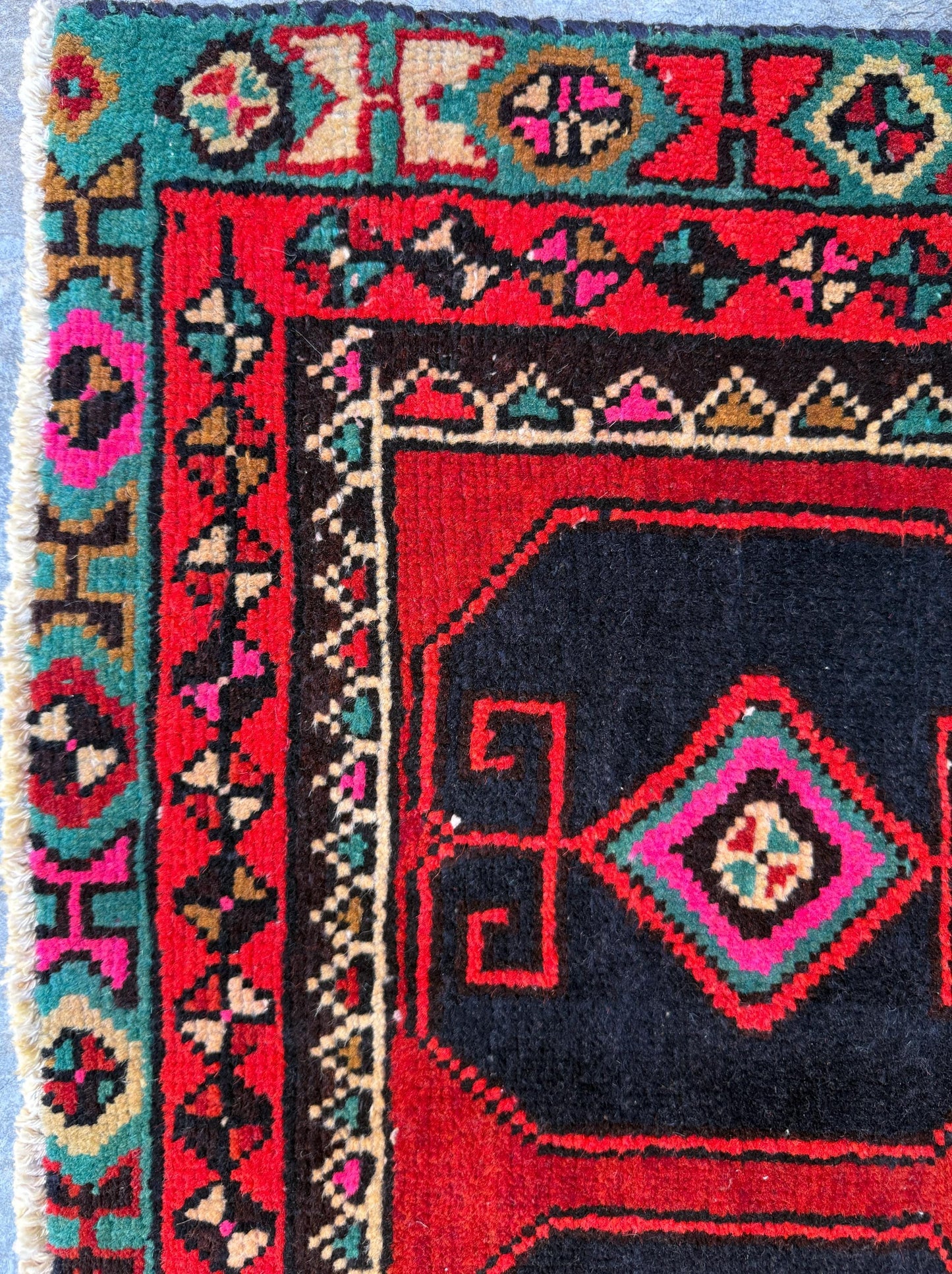 1x3 ft 1930s Village Rug: Hand Knotted Wool Geometric Accent