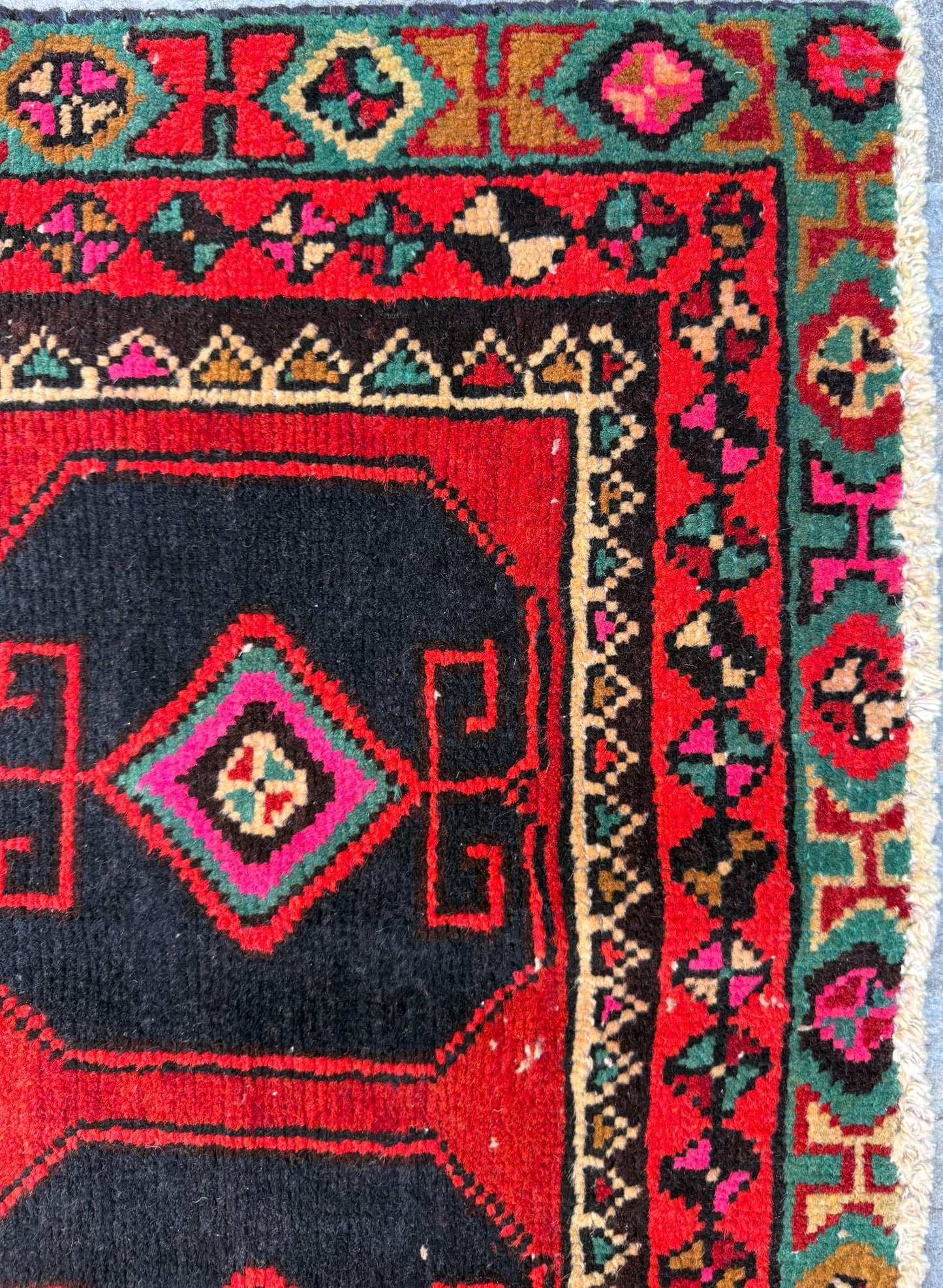 1x3 ft 1930s Village Rug: Hand Knotted Wool Geometric Accent