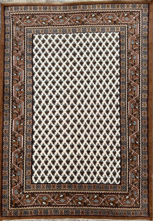 6x4 ft Badam Gul Mir 1990s Vintage Wool Rug: Hand Knotted Oriental Carpet, Geometric Tribal Area Accent