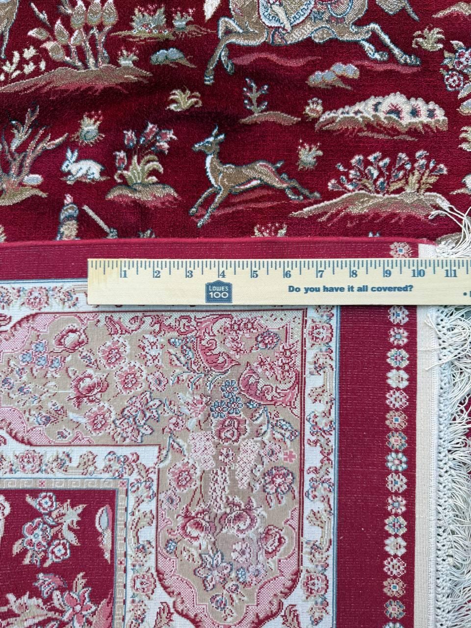 5x3 ft Signed Quomm Silk Rug: Hand Knotted Power Loomed Hunting Scene Carpet