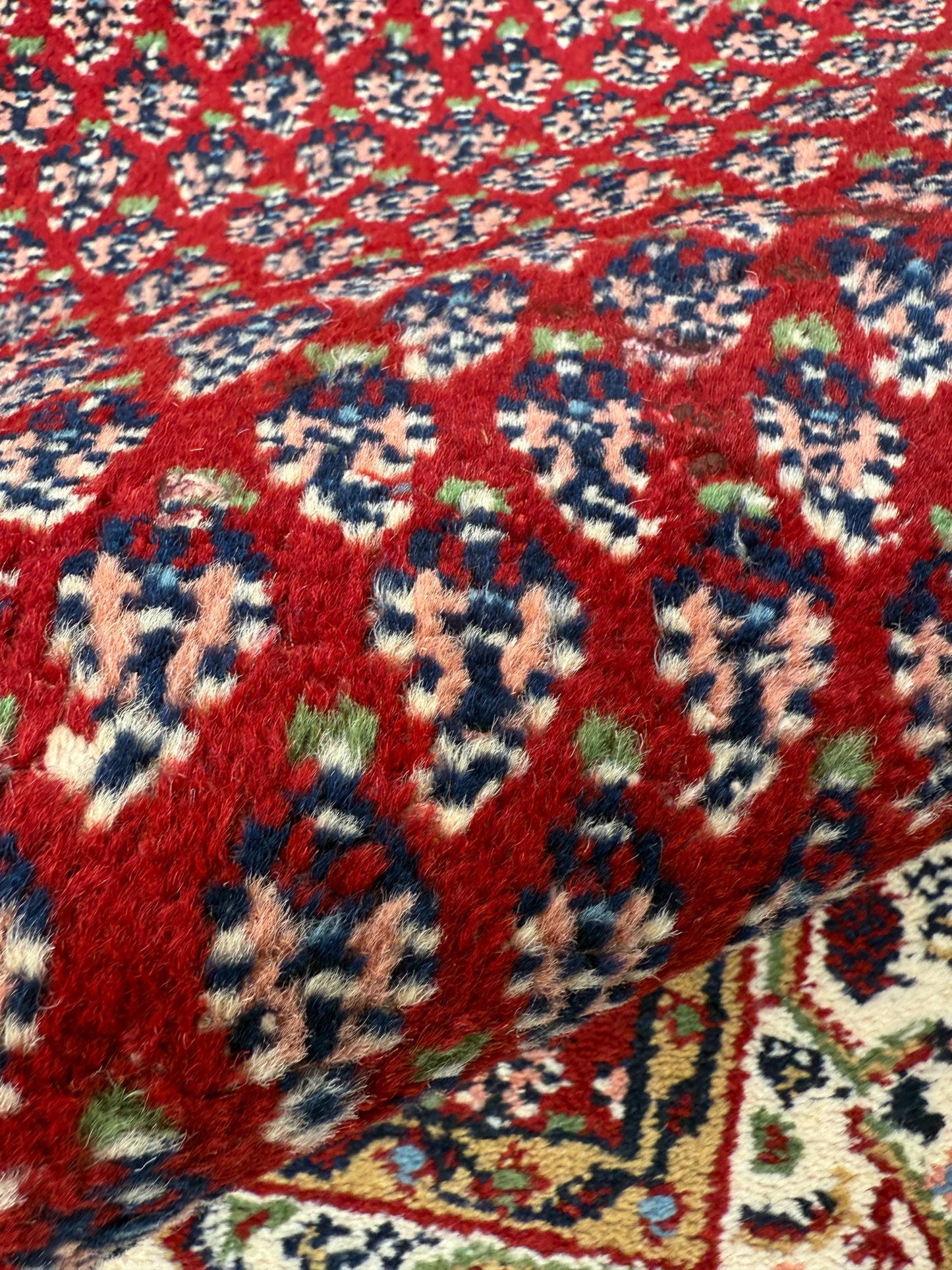 4.3x2.2 ft Vintage 1980s Badam Gul Mir Rug: Hand Knotted Wool Oriental Carpet, Small Geometric Tribal Accent