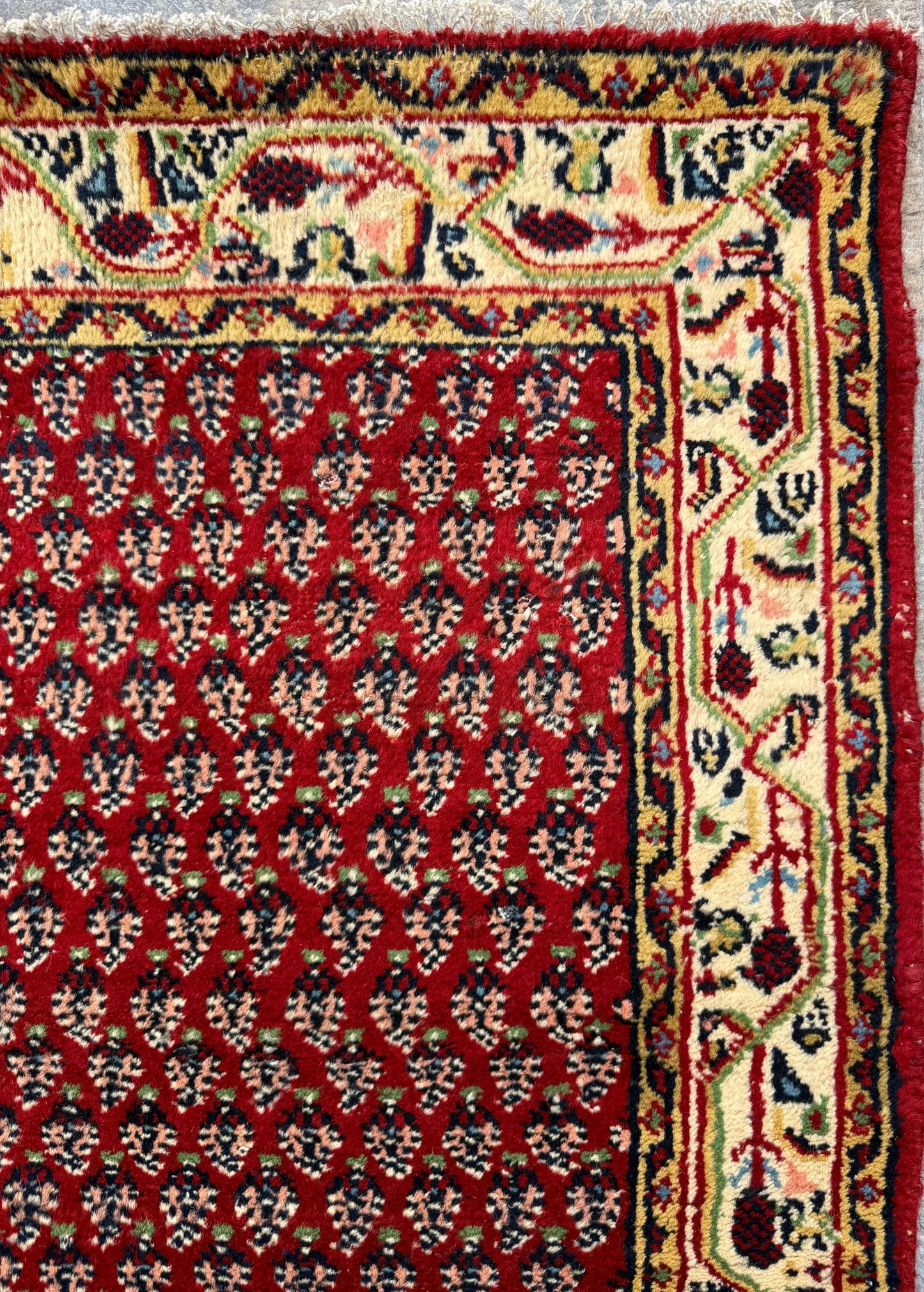 4.3x2.2 ft Vintage 1980s Badam Gul Mir Rug: Hand Knotted Wool Oriental Carpet, Small Geometric Tribal Accent