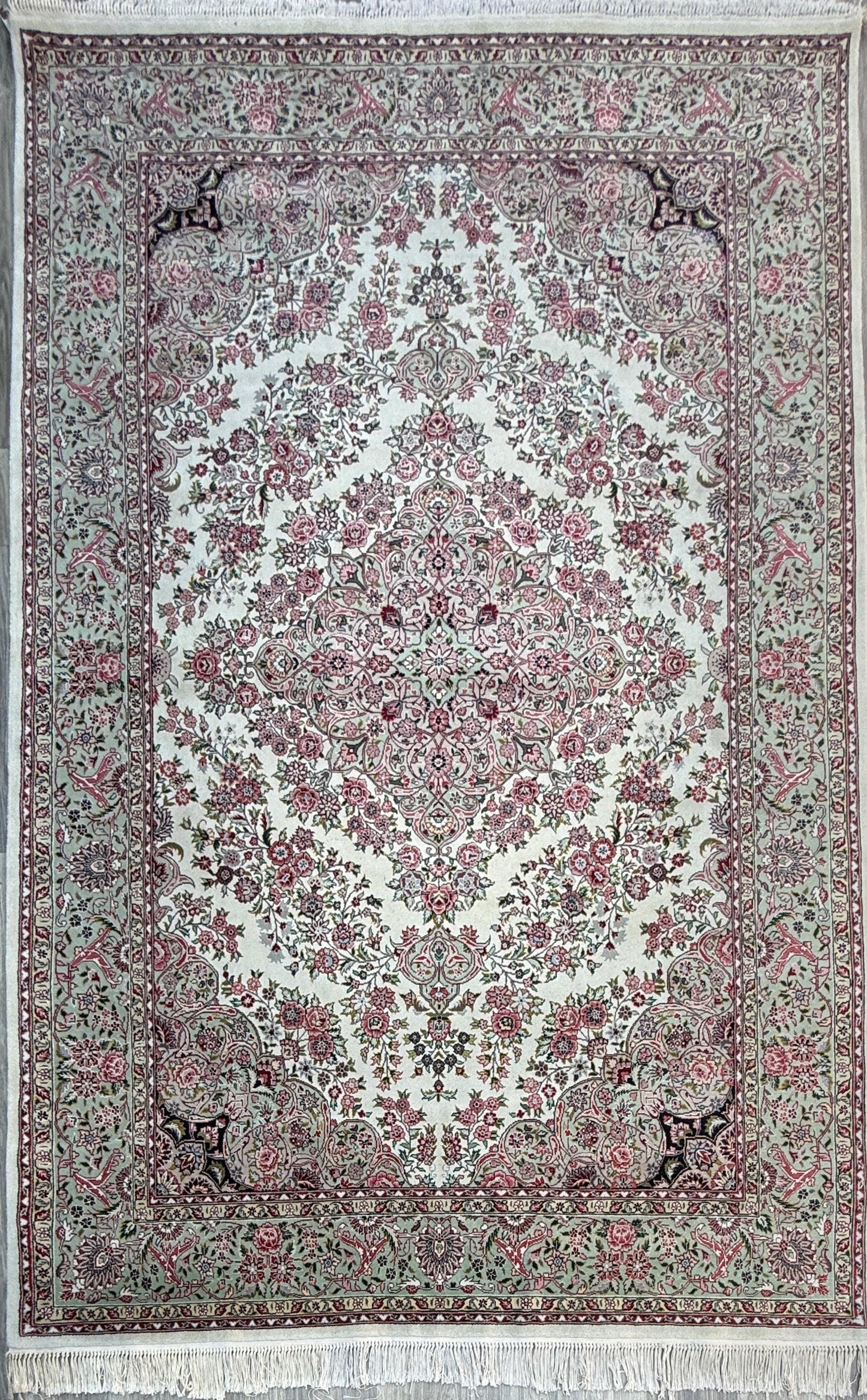 9x6 ft Tabrizz 1970s Vintage Silk Wool Rug: Hand Knotted Oriental Carpet, 400 KPSI