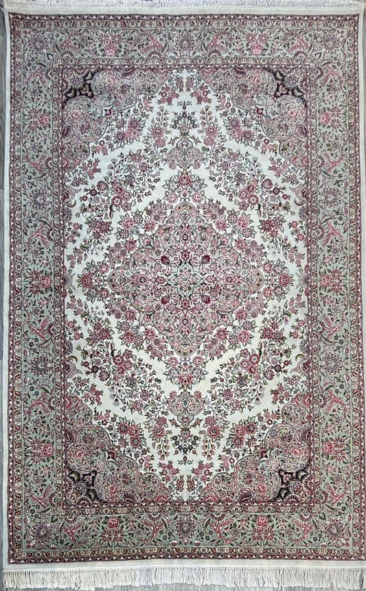 9x6 ft Tabrizz 1970s Vintage Silk Wool Rug: Hand Knotted Oriental Carpet, 400 KPSI