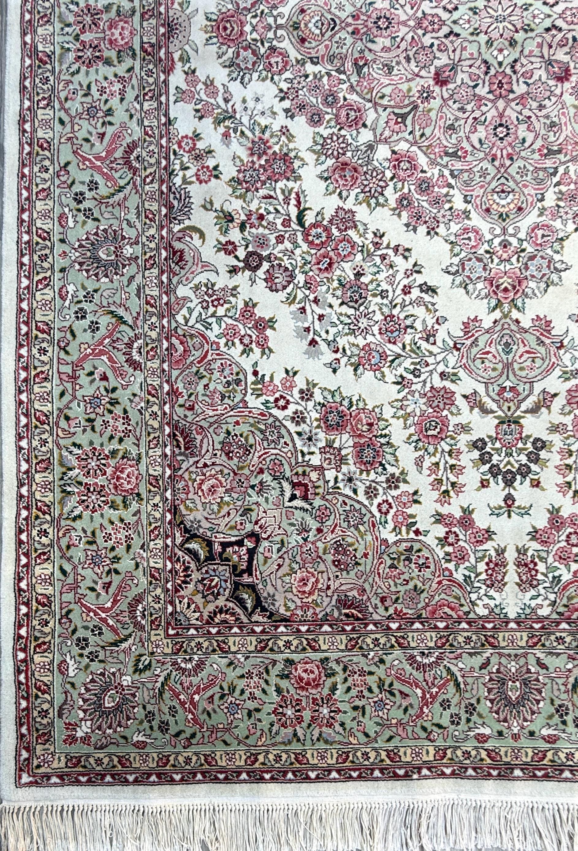 9x6 ft Tabrizz 1970s Vintage Silk Wool Rug: Hand Knotted Oriental Carpet, 400 KPSI