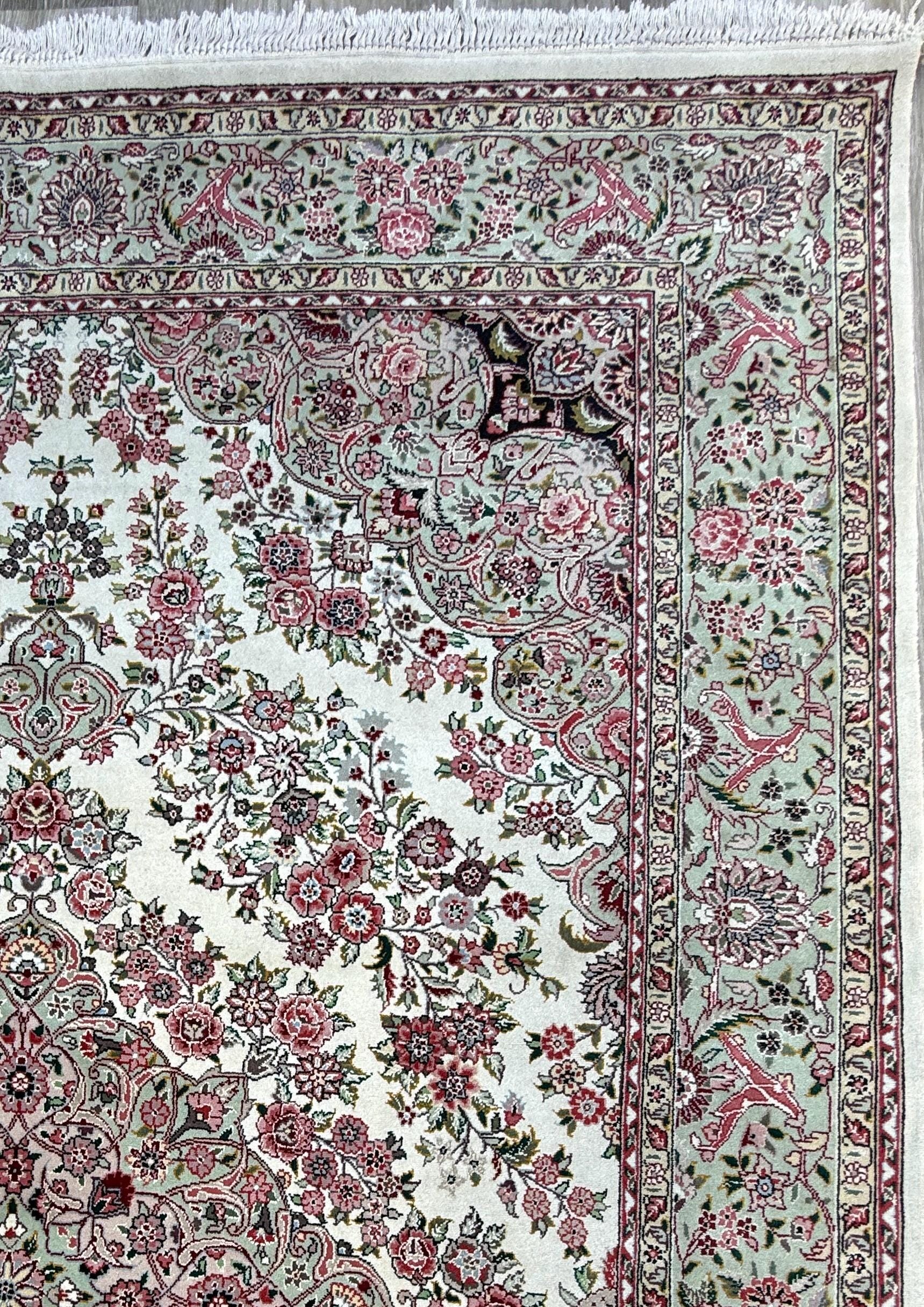 9x6 ft Tabrizz 1970s Vintage Silk Wool Rug: Hand Knotted Oriental Carpet, 400 KPSI