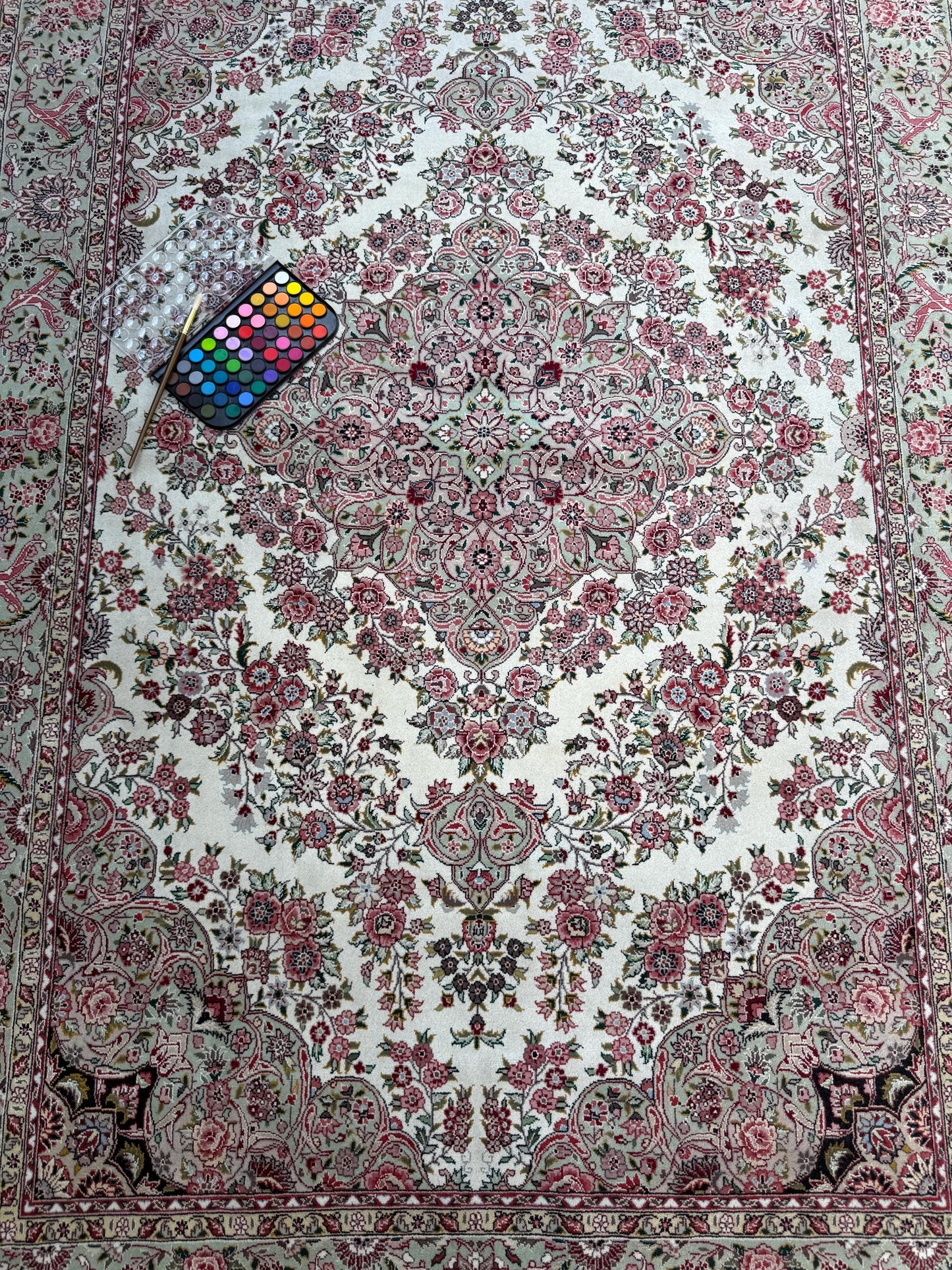 9x6 ft Tabrizz 1970s Vintage Silk Wool Rug: Hand Knotted Oriental Carpet, 400 KPSI