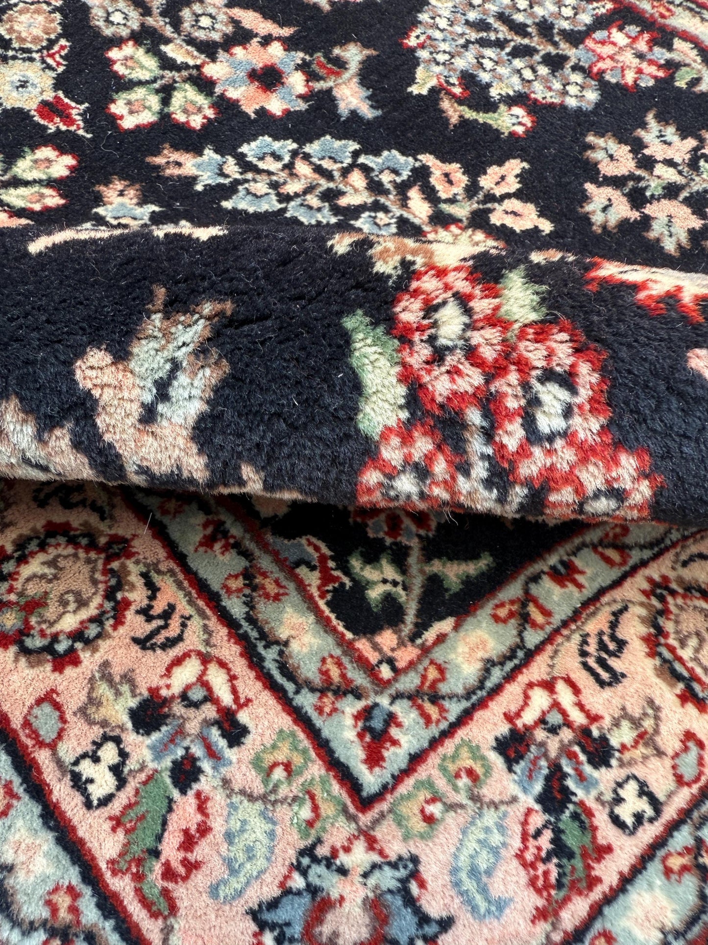 5x3 ft Vintage Agra Rug – Hand Knotted Wool Carpet with Black Floral Tabriz Design