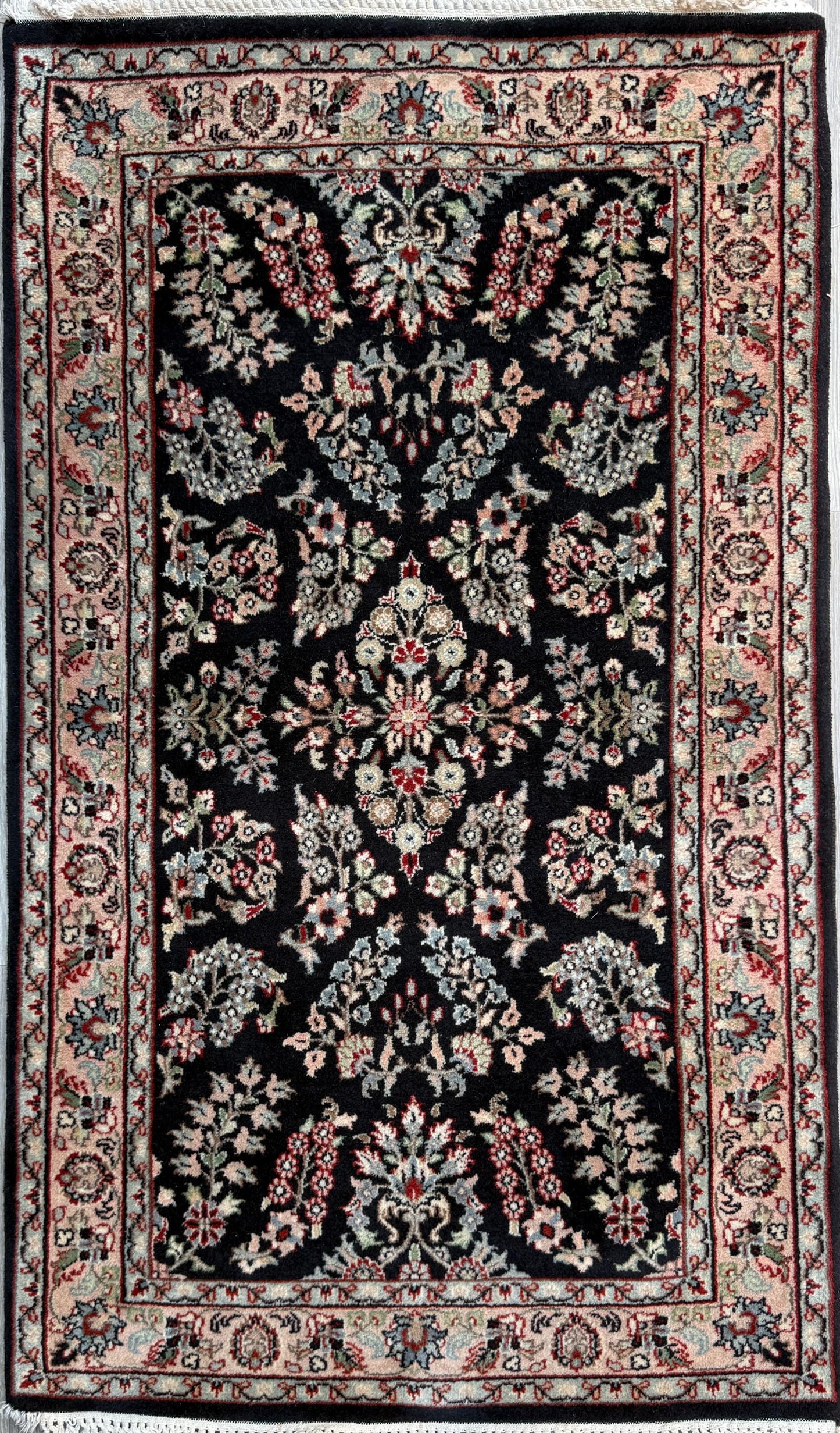 5x3 ft Vintage Agra Rug – Hand Knotted Wool Carpet with Black Floral Tabriz Design