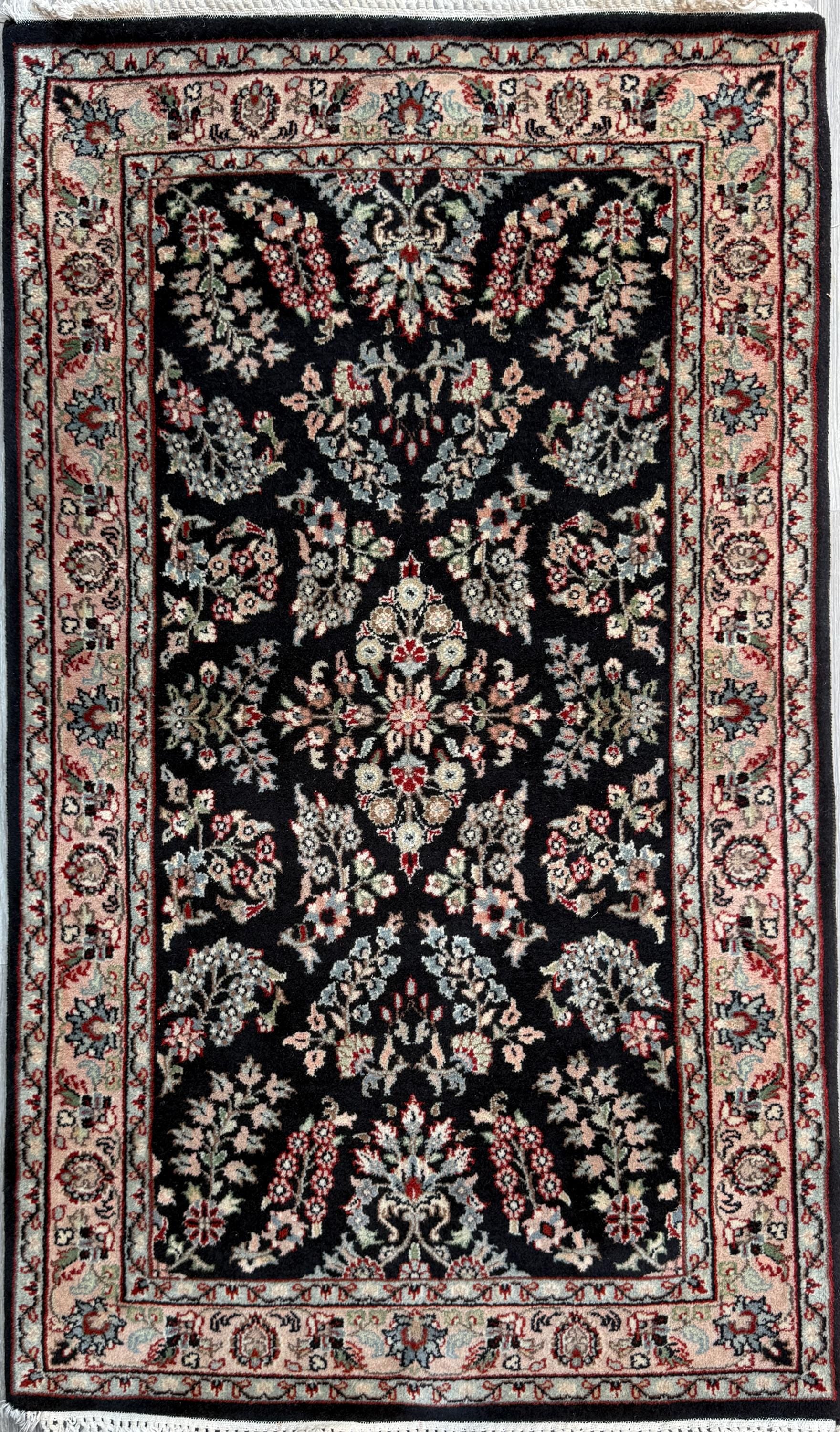 5x3 ft Vintage Agra Rug – Hand Knotted Wool Carpet with Black Floral Tabriz Design