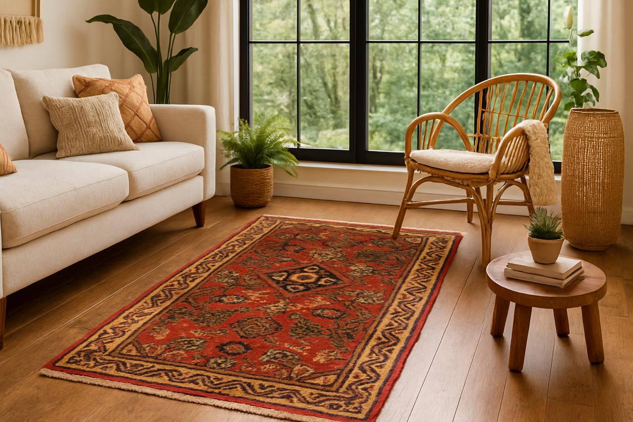 2x3 ft Vintage Village Rug: Hand Knotted Wool Geometric Carpet