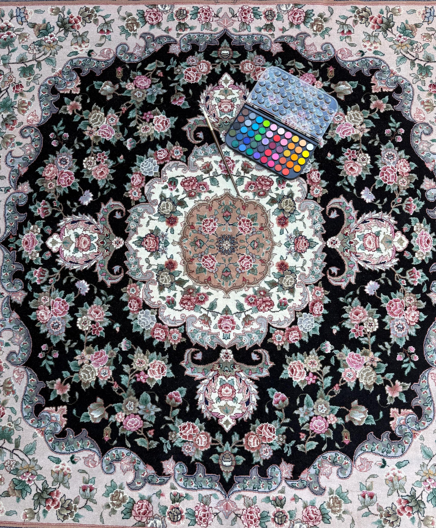 8x8 ft Signed 1970s Hand-Knotted Tabriz Rug: Silk & Wool Vegetable Dye Carpet