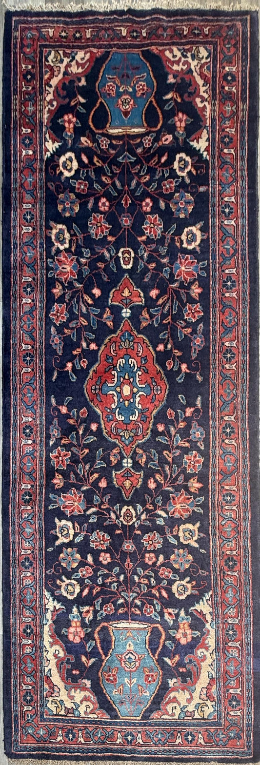 3x11 ft Vintage 1950s Runner Rug: Hand Knotted Wool Carpet, Bohemian Pictorial Design, Long Hallway Decor