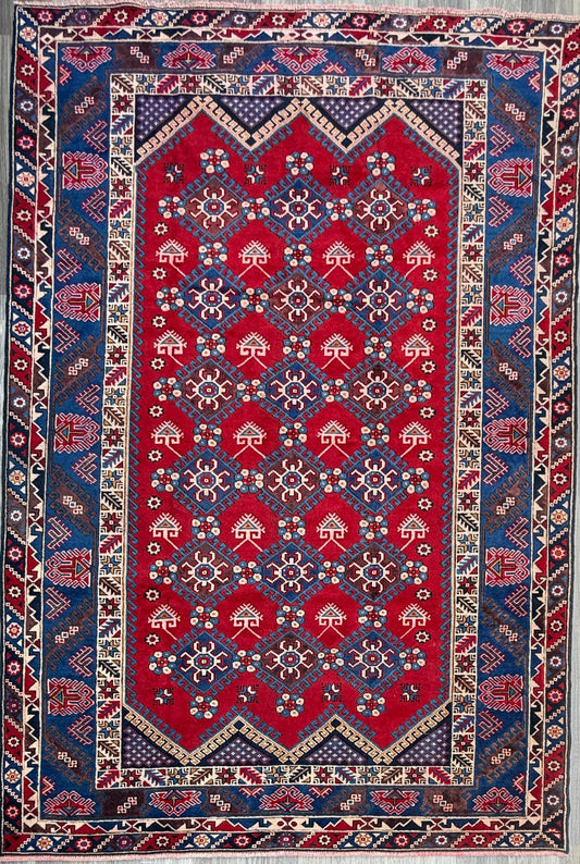 10x7 ft 1940s Hand-Knotted Caucasian Geometric Wool Rug: Vintage Tribal Design