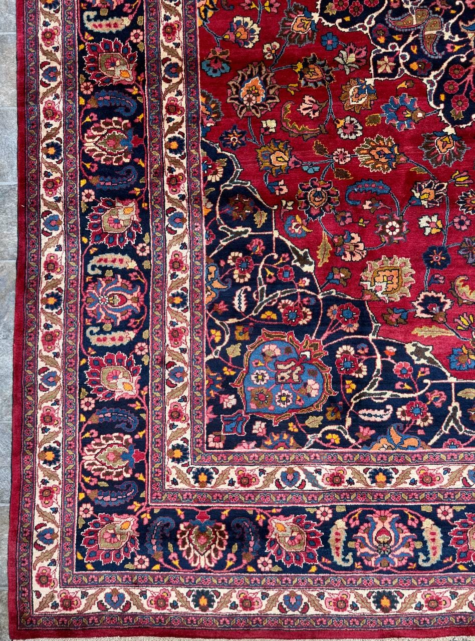 10x13.2 ft Signed 1940s Vintage Tabriz Rug: Royal Design Bohemian Hand Knotted Wool Oriental Large Carpet