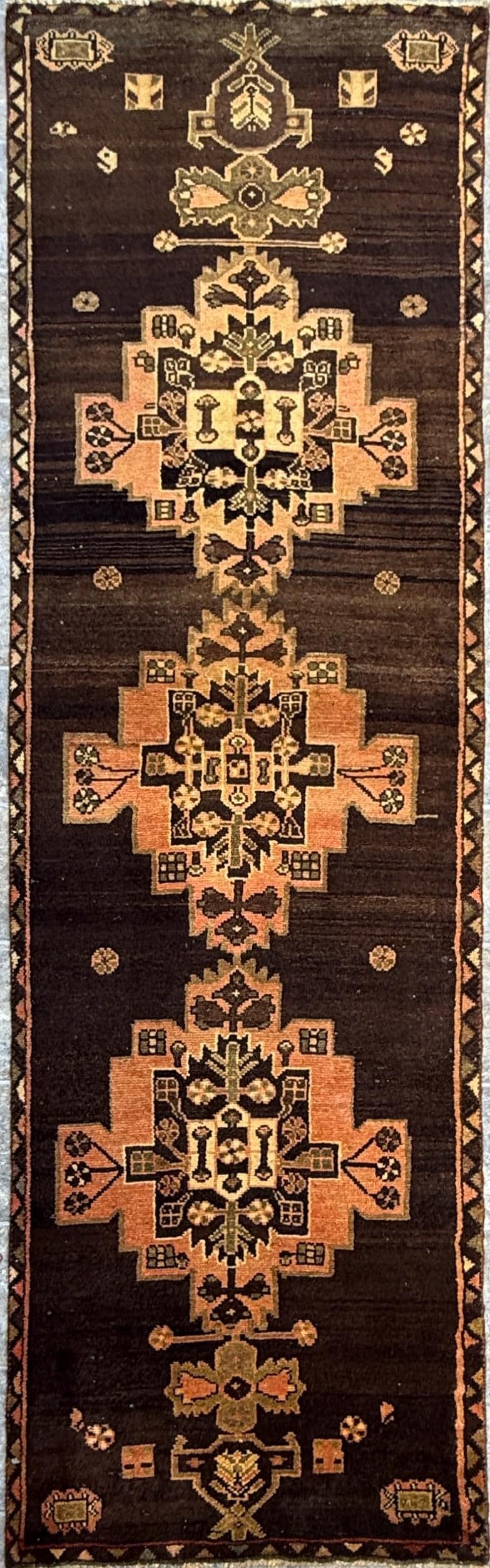2.8x8.7 ft Vintage 1930s Geometric Runner: Hand Knotted Wool Anatolian Oriental Village Carpet