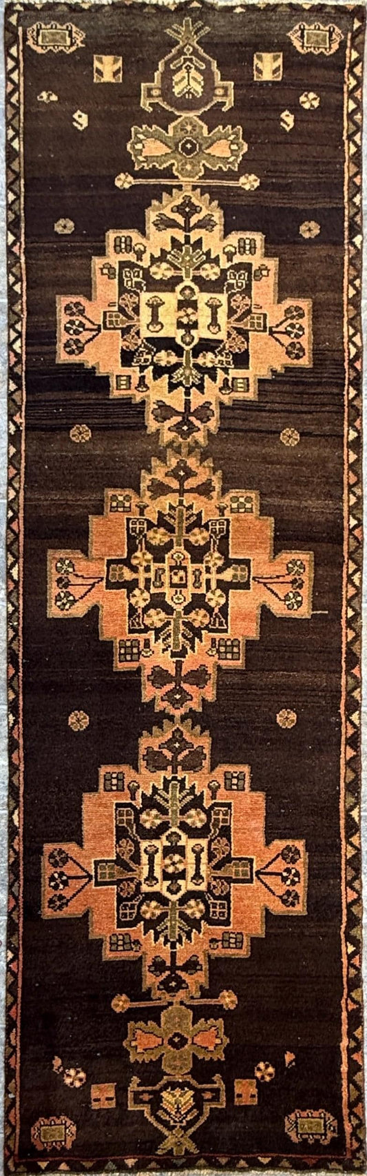 2.8x8.7 ft Vintage 1930s Geometric Runner: Hand Knotted Wool Anatolian Oriental Village Carpet