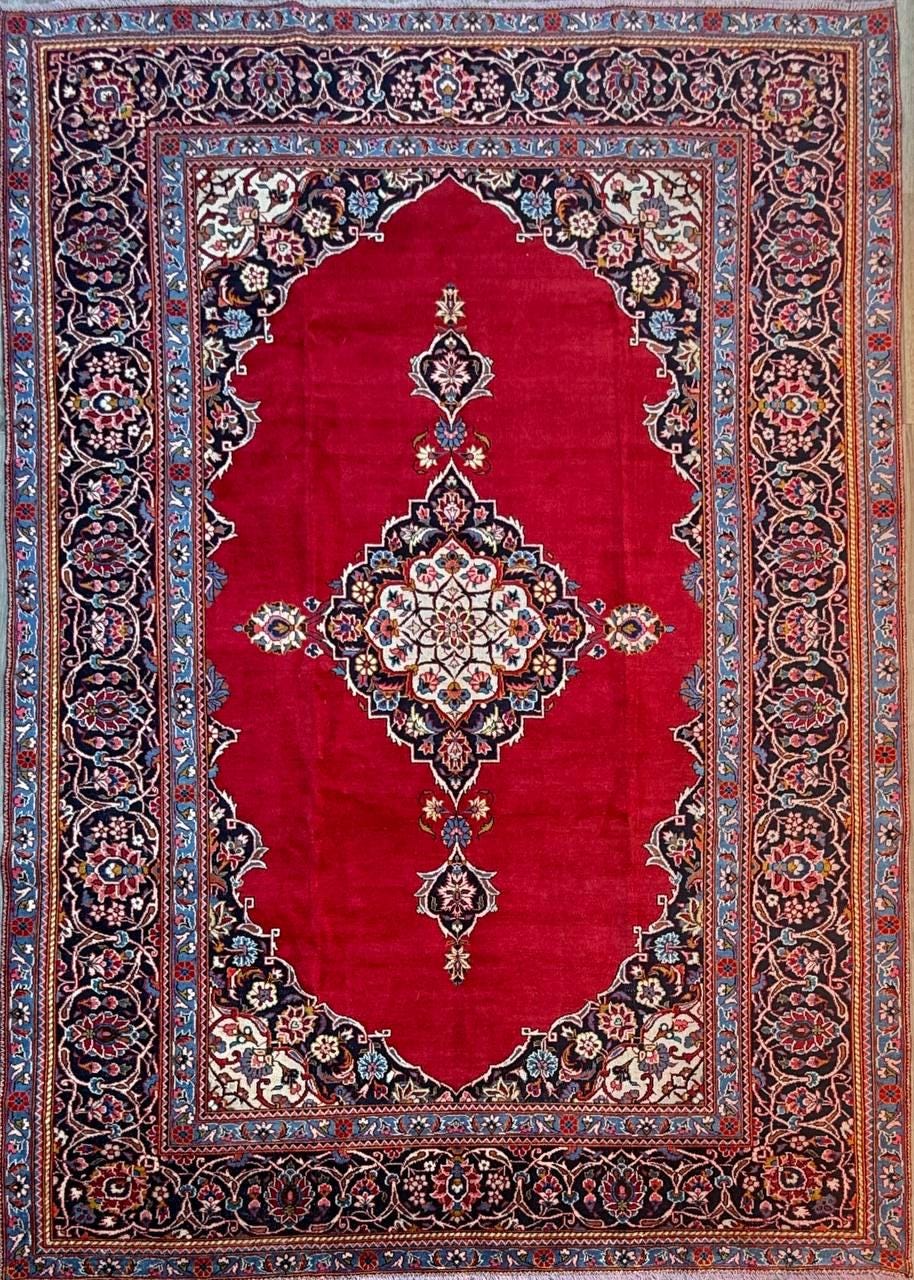 10.3x7.5 ft Vintage Qashoun 1980s Wool Rug: Hand Knotted Traditional Oriental Carpet, Geometric Medallion Area Rug