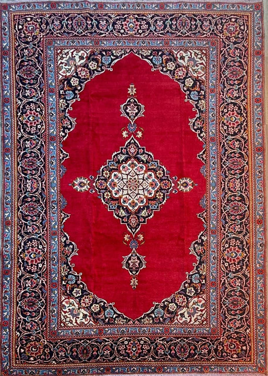 10.3x7.5 ft Vintage Qashoun 1980s Wool Rug: Hand Knotted Traditional Oriental Carpet, Geometric Medallion Area Rug
