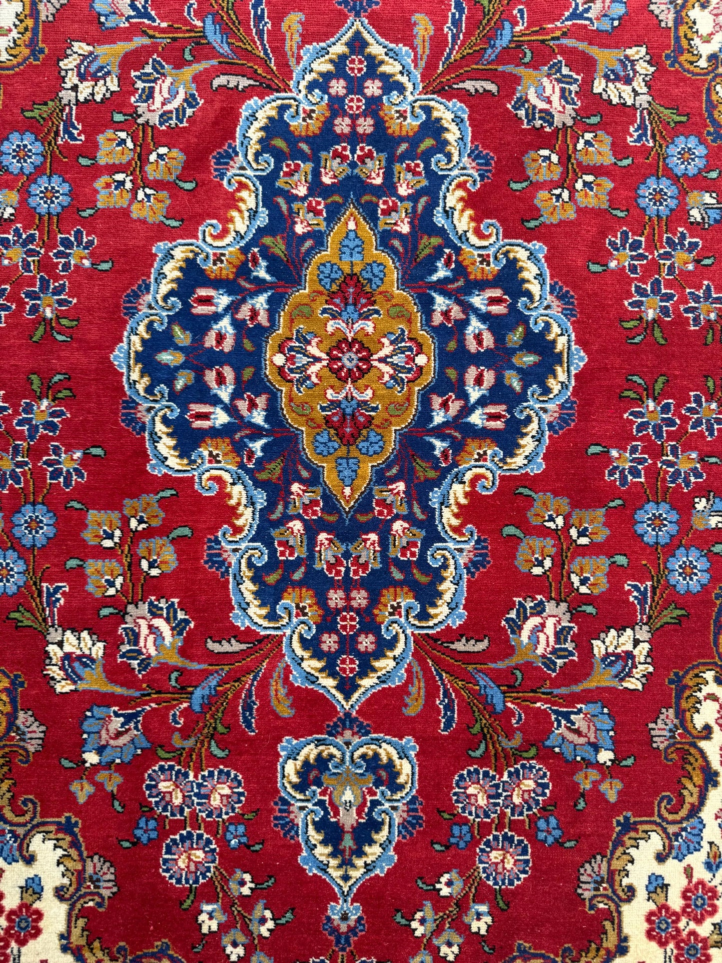 7x4 ft Hand-Knotted Wool Area Rug: Vintage 1970s Fine Kashan Floral Medallion Carpet