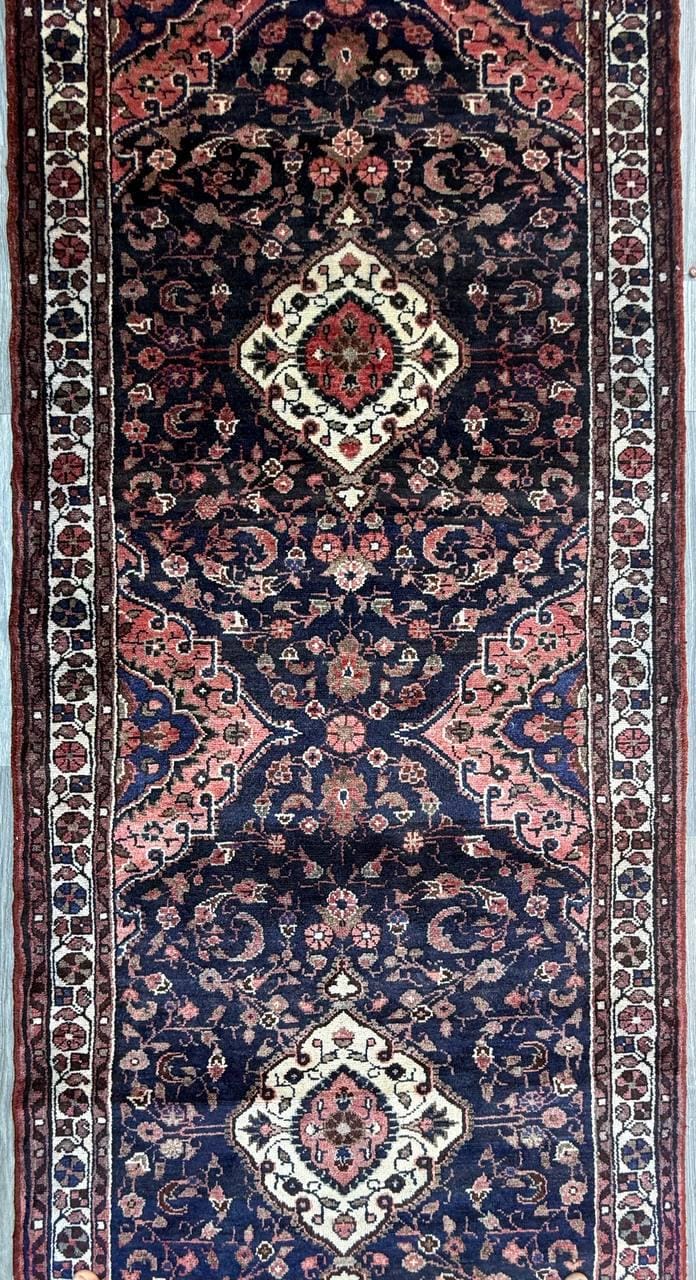 3.8x14 ft Vintage 1940s Anatolian Geometric Runner: Hand Knotted Village Wool Oriental Carpet