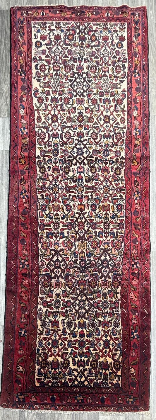 3x9 ft 1950s Vintage Anatolian Wool Runner Rug: Hand Knotted Wool Geometric Tribal Carpet, Village Hallway Rug