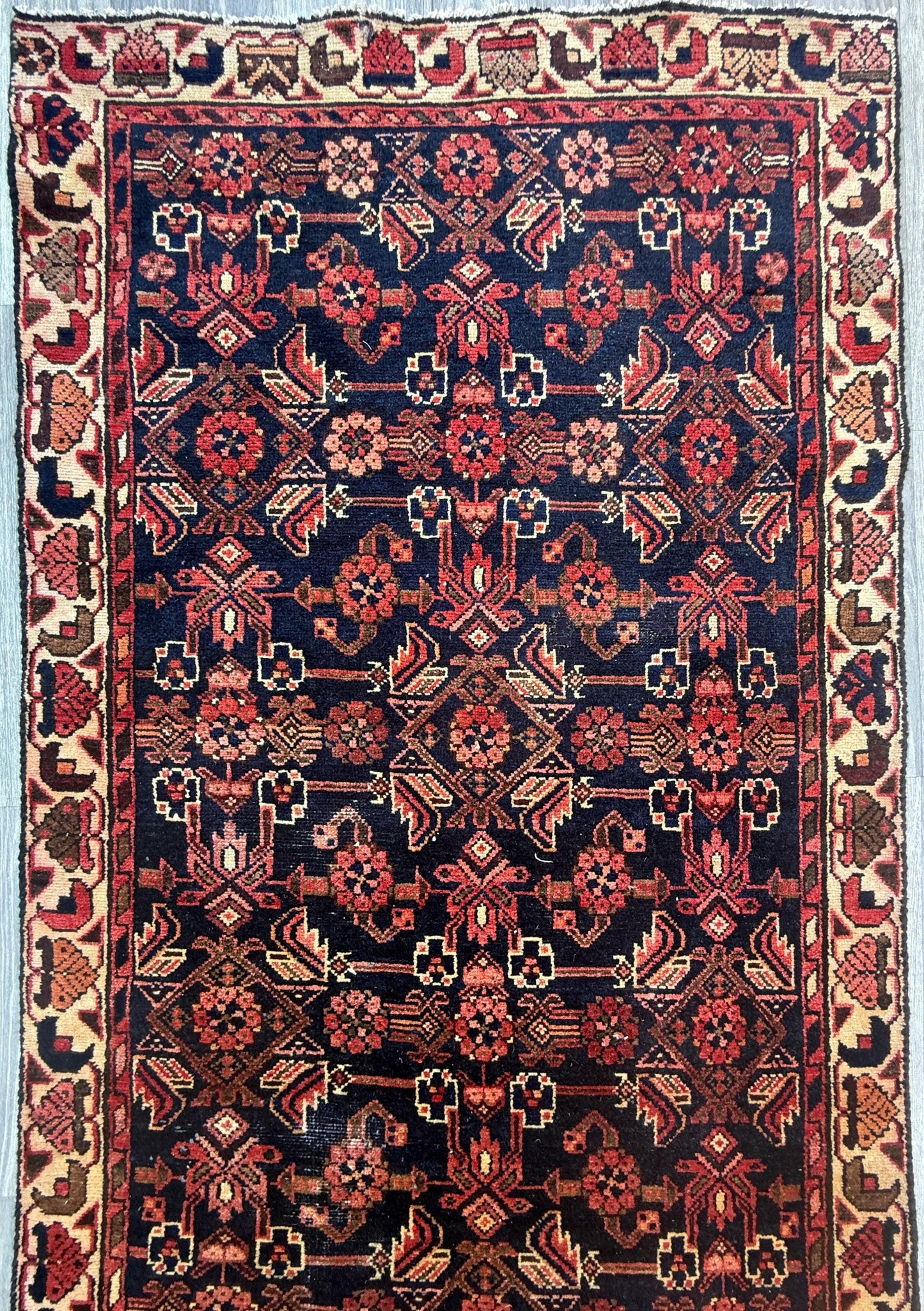 3.5x9.1 ft 1940s Vintage Rug: Hand Knotted Wool Anatolian Village Carpet, Geometric Tribal Design